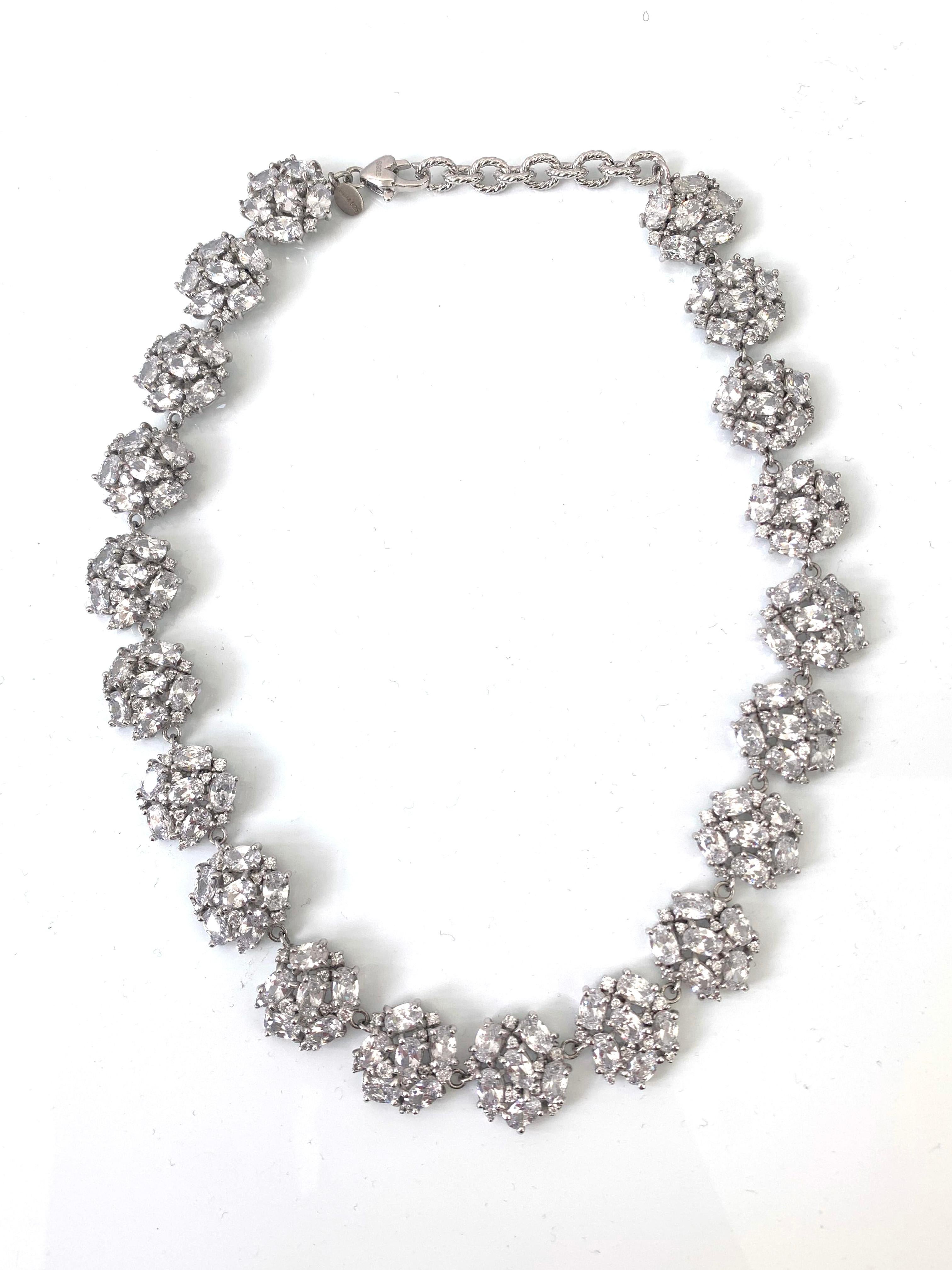 Contemporary Bijoux Num Elegant Clustered Faux Diamond Sterling Silver Link Necklace For Sale