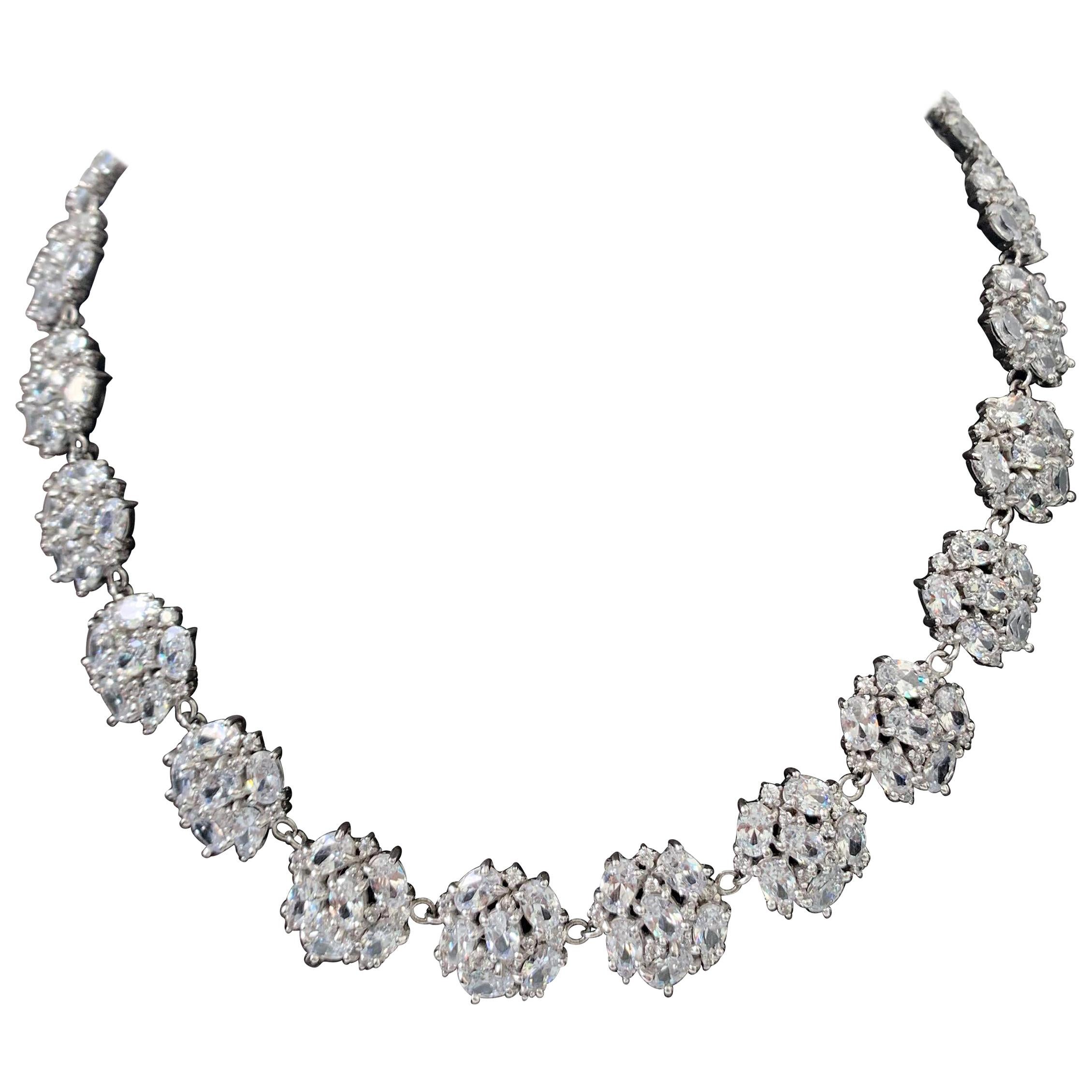 Bijoux Num Elegant Clustered Faux Diamond Sterling Silver Link Necklace