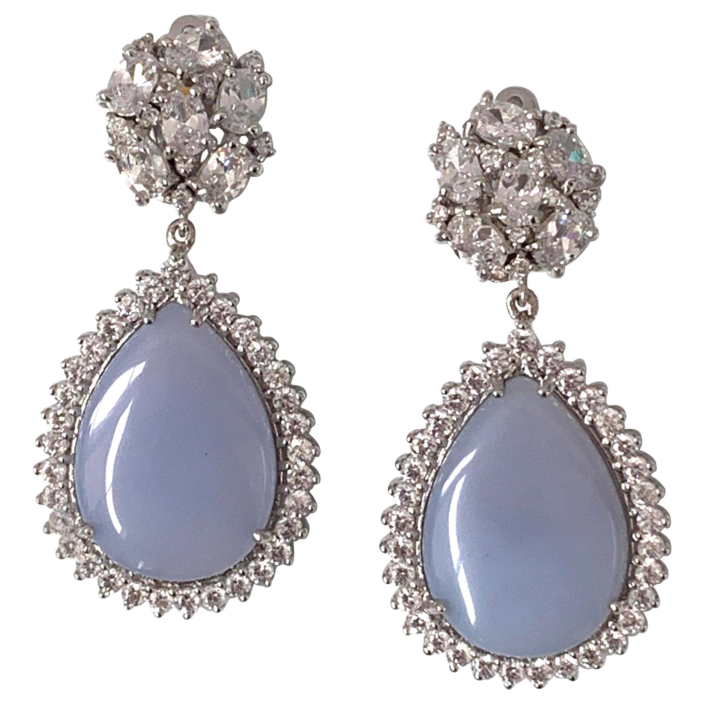 Bijoux Num Encrusted Faux Diamond and Pear Shape Chalcedony Drop Earrings