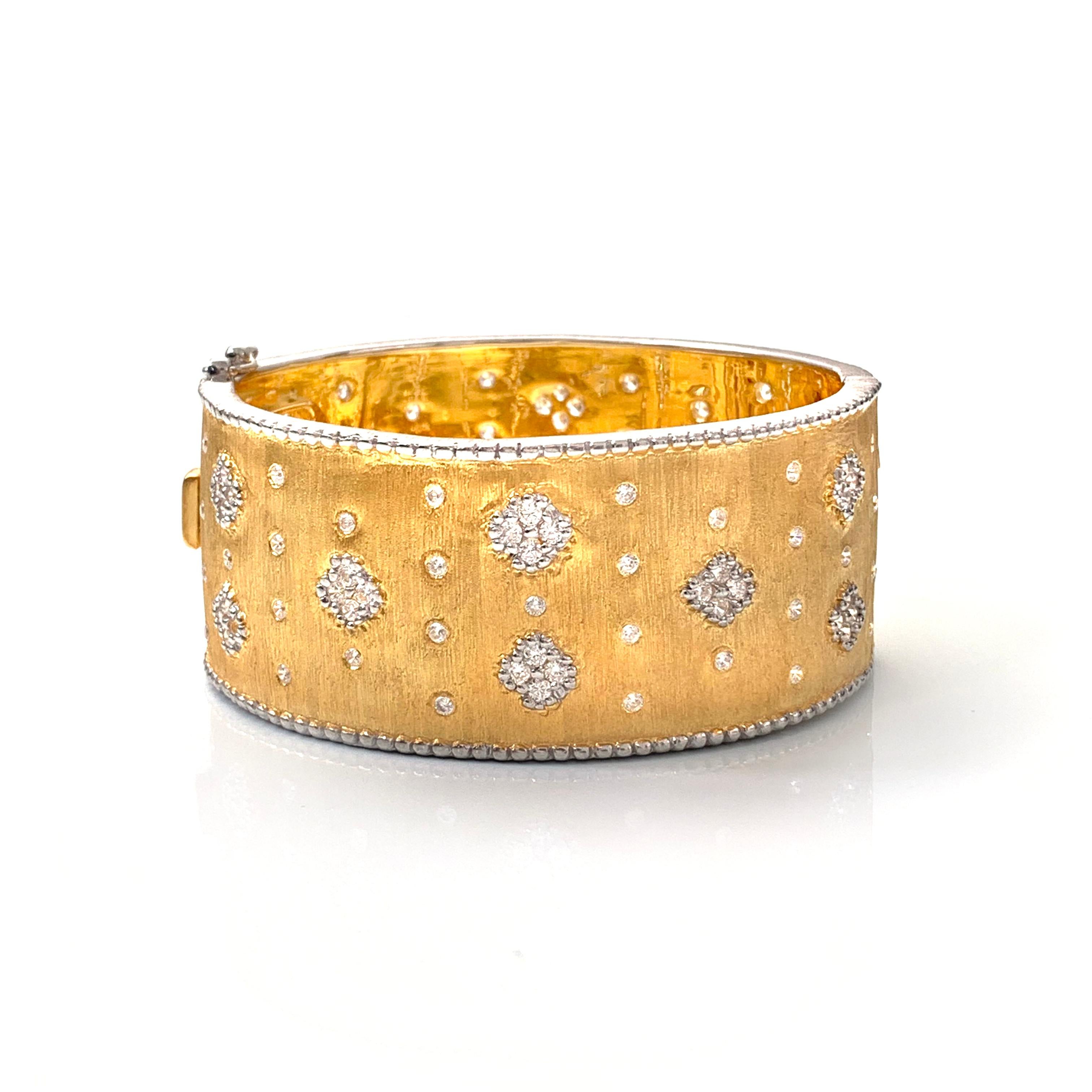 Bijoux Num fabulous clover pattern wide vermeil bangle bracelet. This beautiful bracelet features 126 pcs of round simulated diamonds, handcrafted Italian 