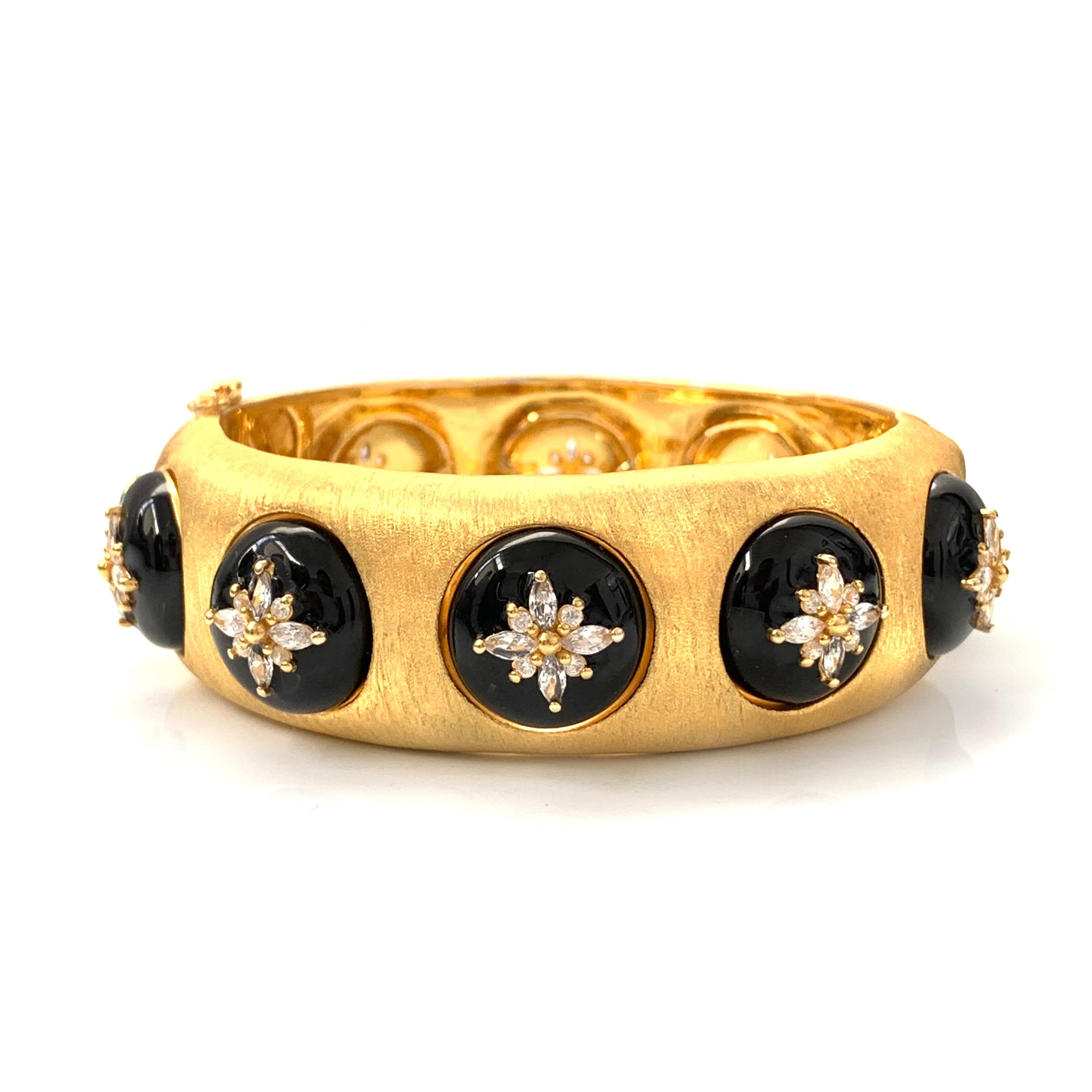 Bijoux Num fabulous flower pattern vermeil black enamel bangle bracelet. This beautiful bombay-style bracelet features 80 pcs of marquis and round simulated diamond cz, handmade black enamel, handcrafted Italian 