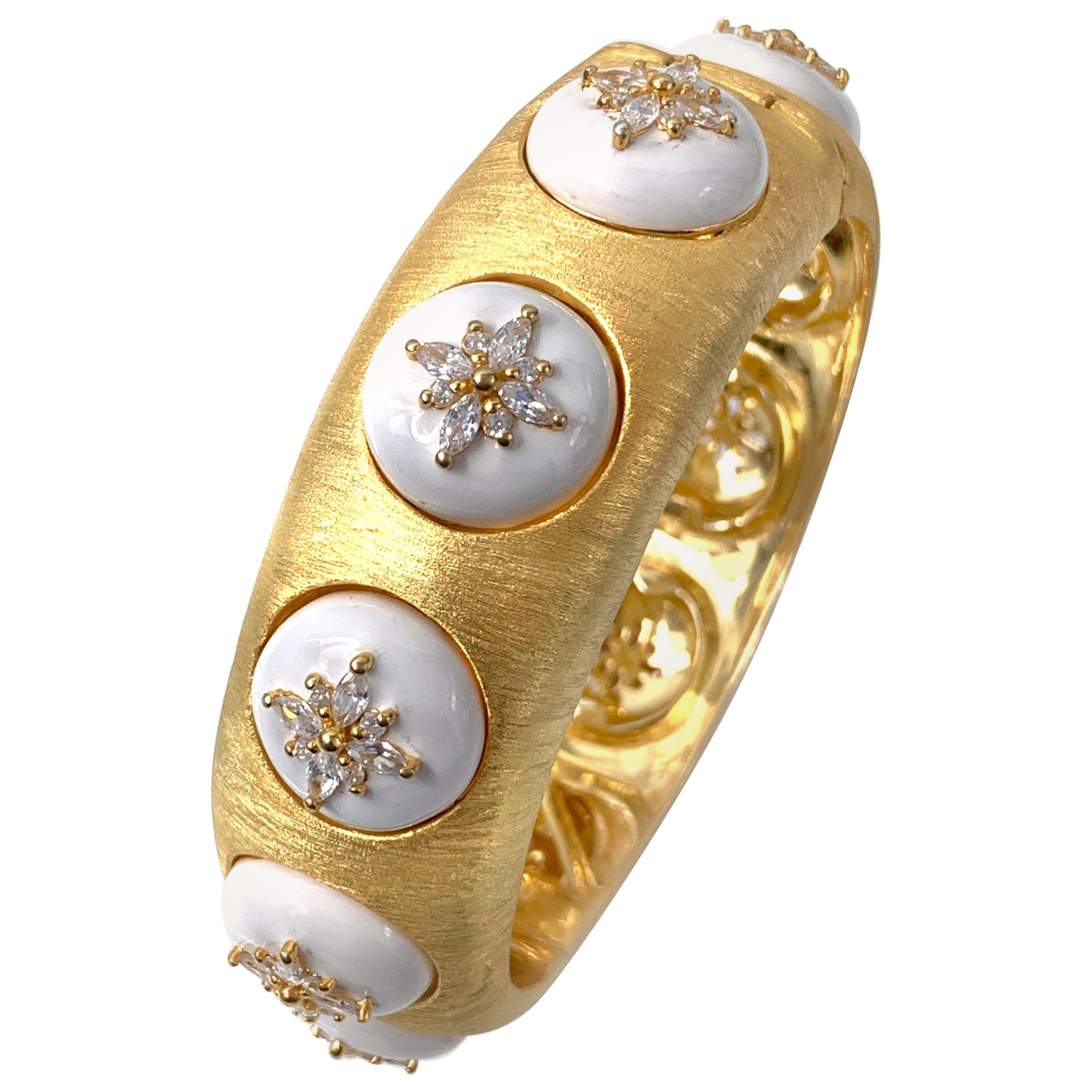 Bijoux Num Flower Pattern White Enamel Bangle Bracelet For Sale