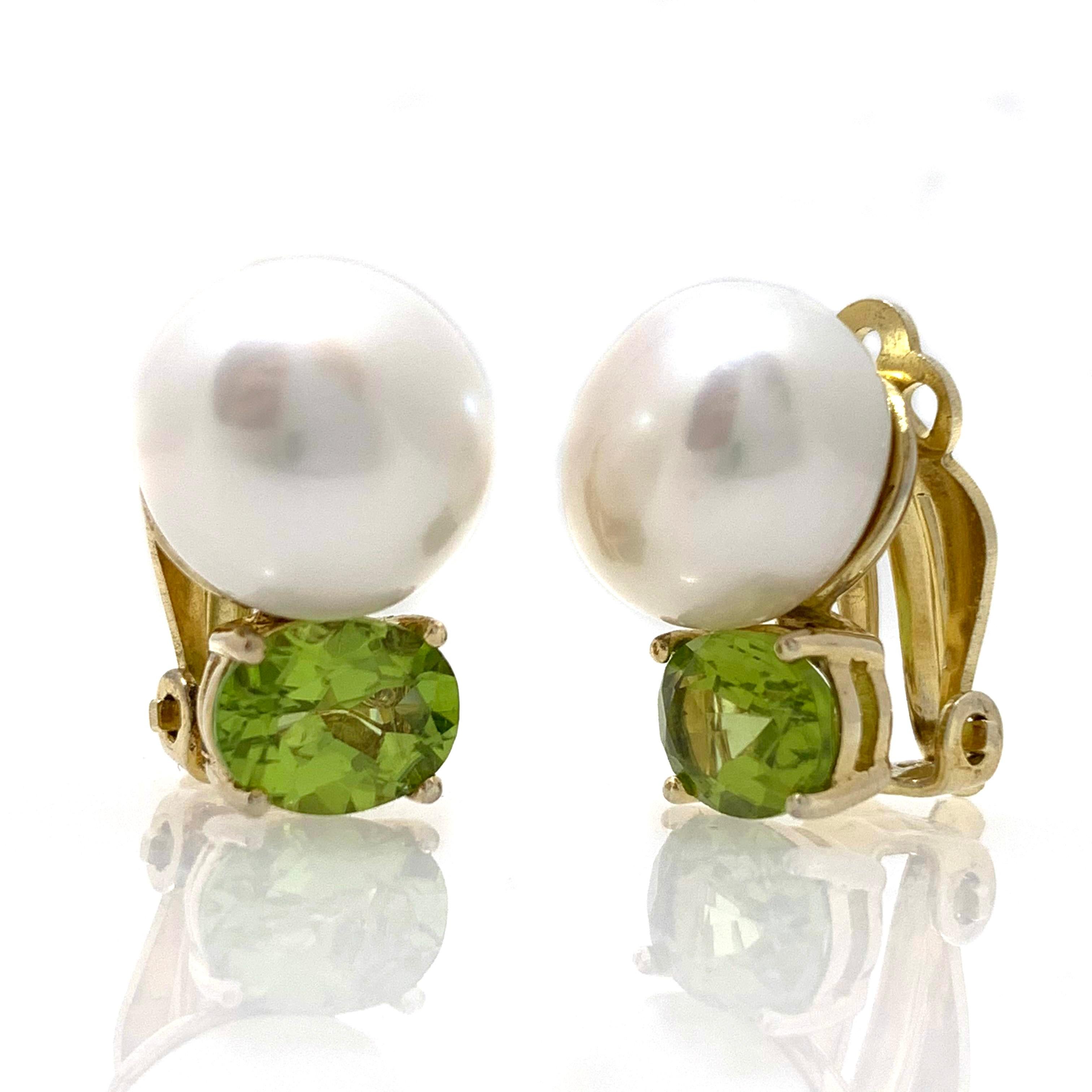 Bijoux Num Octagon Freshwater Pearl & Oval Peridot Vermeil Clip Earrings. 

The earrings feature 2 lustrous 12mm cultured freshwater pearl and 2 beautiful oval peridot, handset in 18k yellow gold vermeil over sterling silver. Comfortable clip back