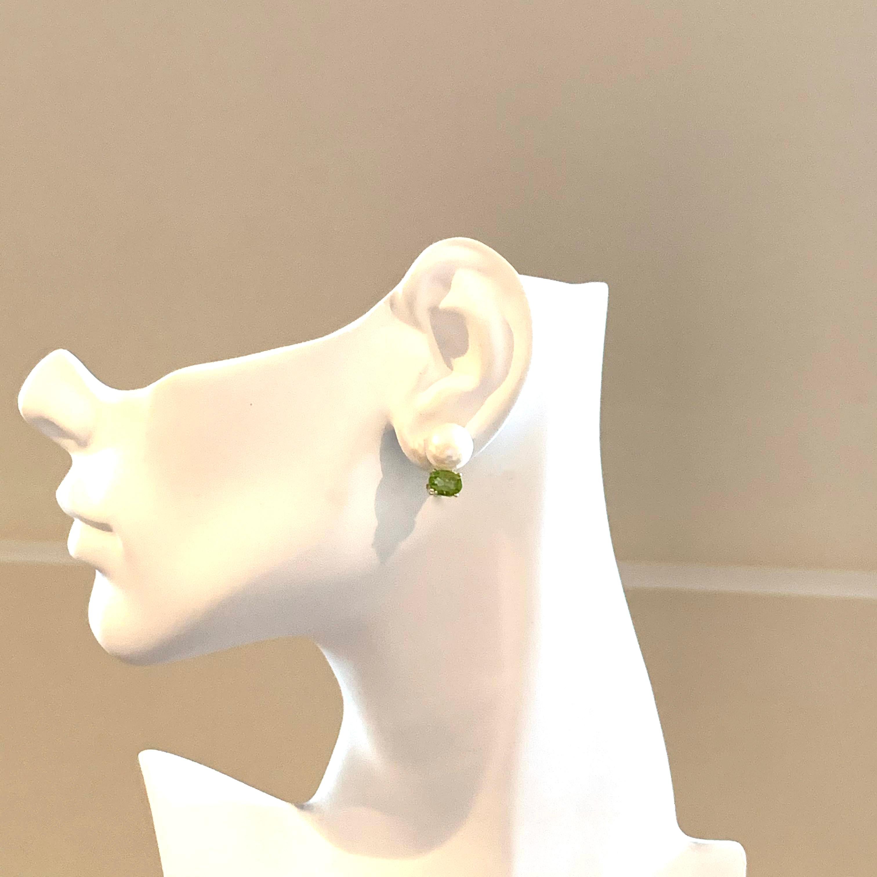 Contemporary Bijoux Num Freshwater Pearl and Peridot Clip Earrings