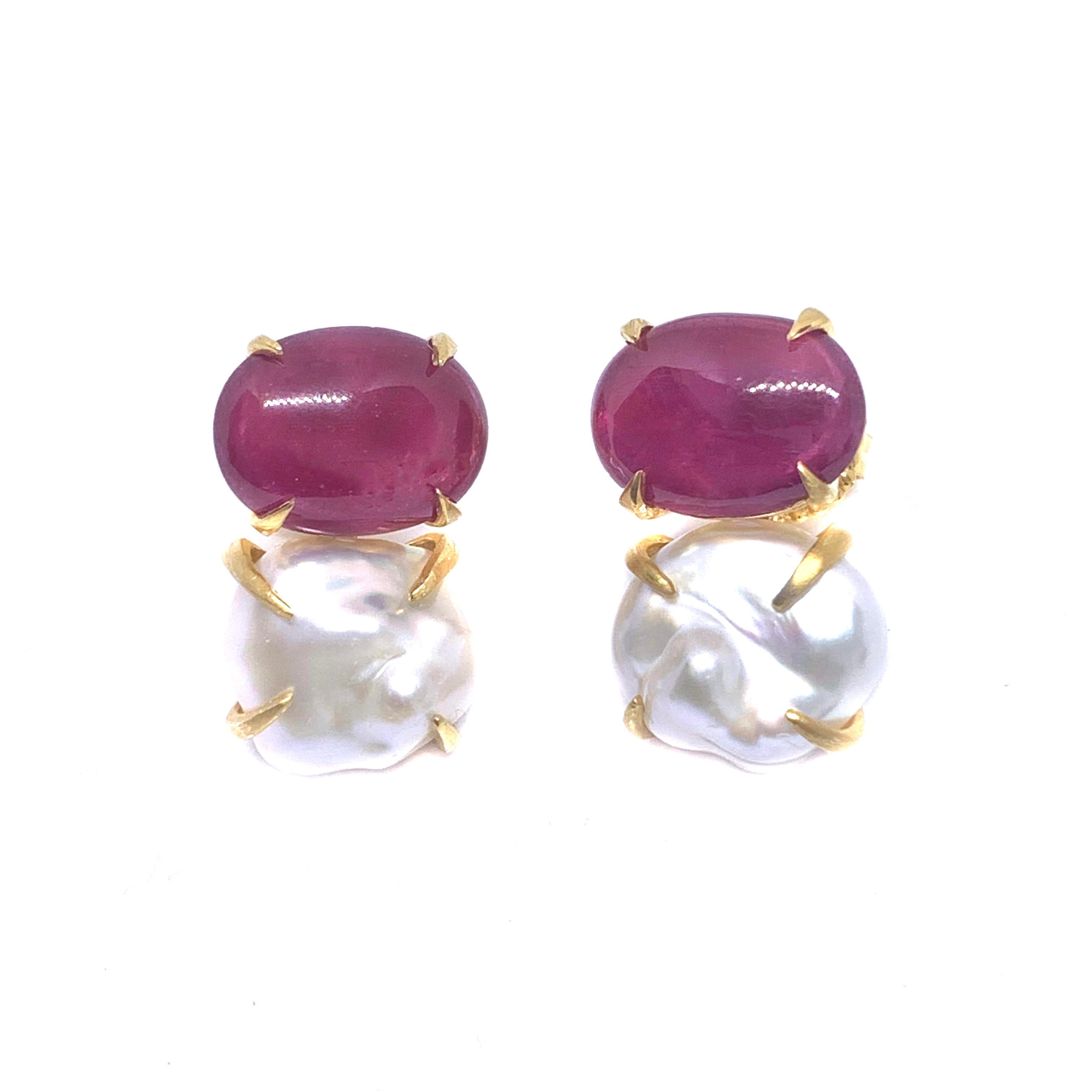 Stunning Bijoux Num Genuine Oval Ruby and Baroque Pearl Vermeil Earrings. 
The earrings feature 2 beautiful pink-ish oval cabochon-cut ruby and 2 lustrous cultured baroque pearl, handset in 18k gold vermeil over sterling silver and brush satin