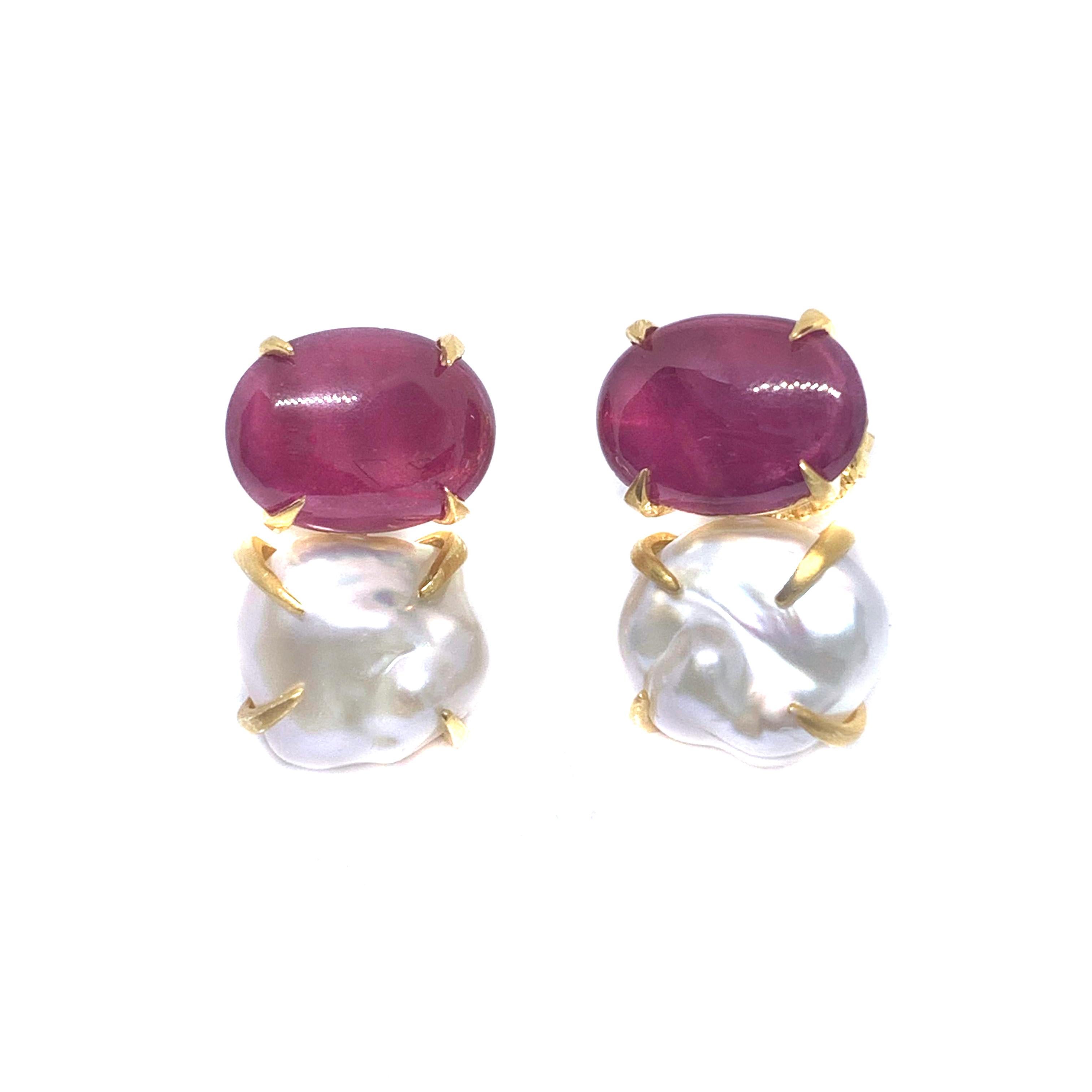 Contemporary Bijoux Num Genuine Oval Ruby and Baroque Pearl Vermeil Earrings