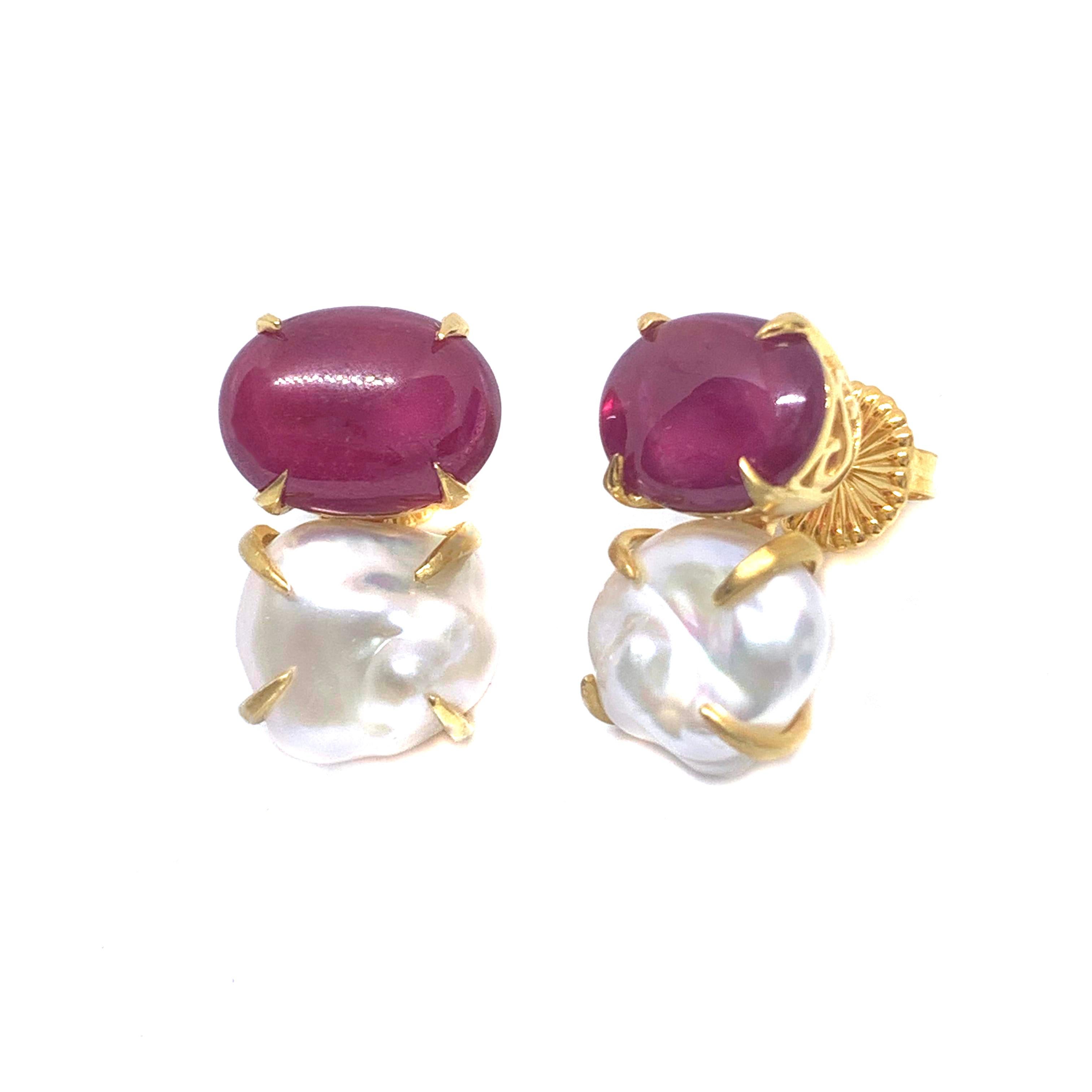 Oval Cut Bijoux Num Genuine Oval Ruby and Baroque Pearl Vermeil Earrings