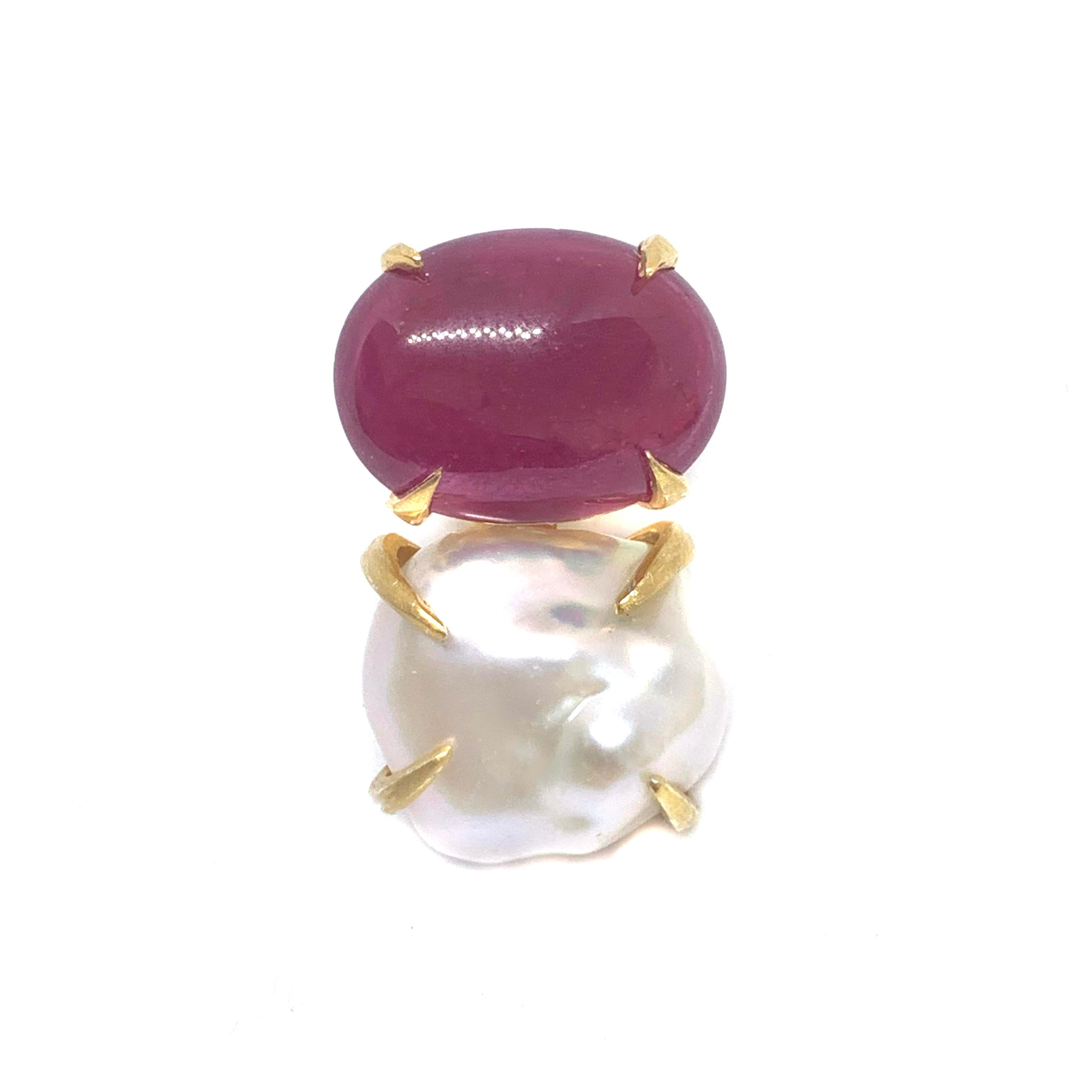 Bijoux Num Genuine Oval Ruby and Baroque Pearl Vermeil Earrings In New Condition In Los Angeles, CA