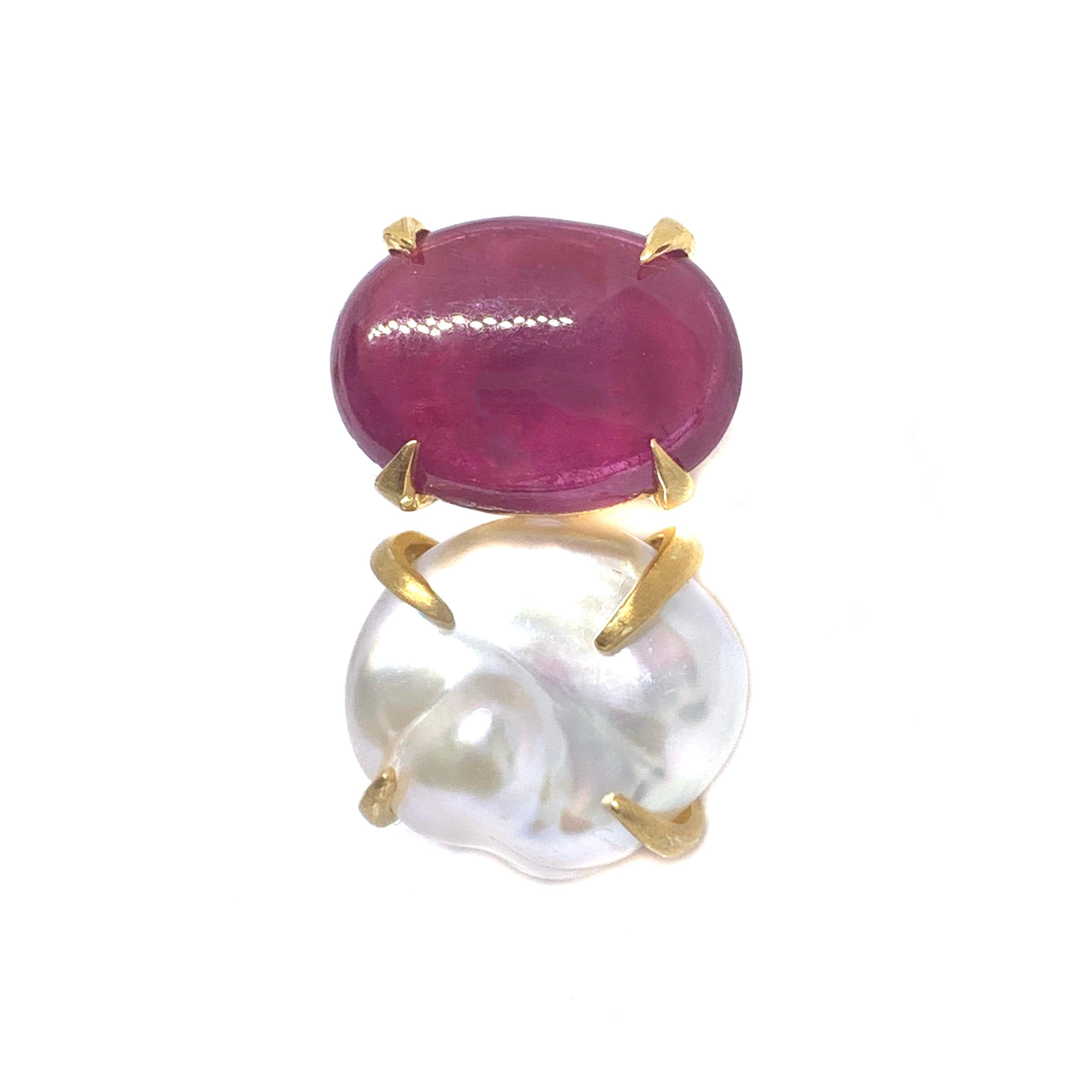 Women's Bijoux Num Genuine Oval Ruby and Baroque Pearl Vermeil Earrings