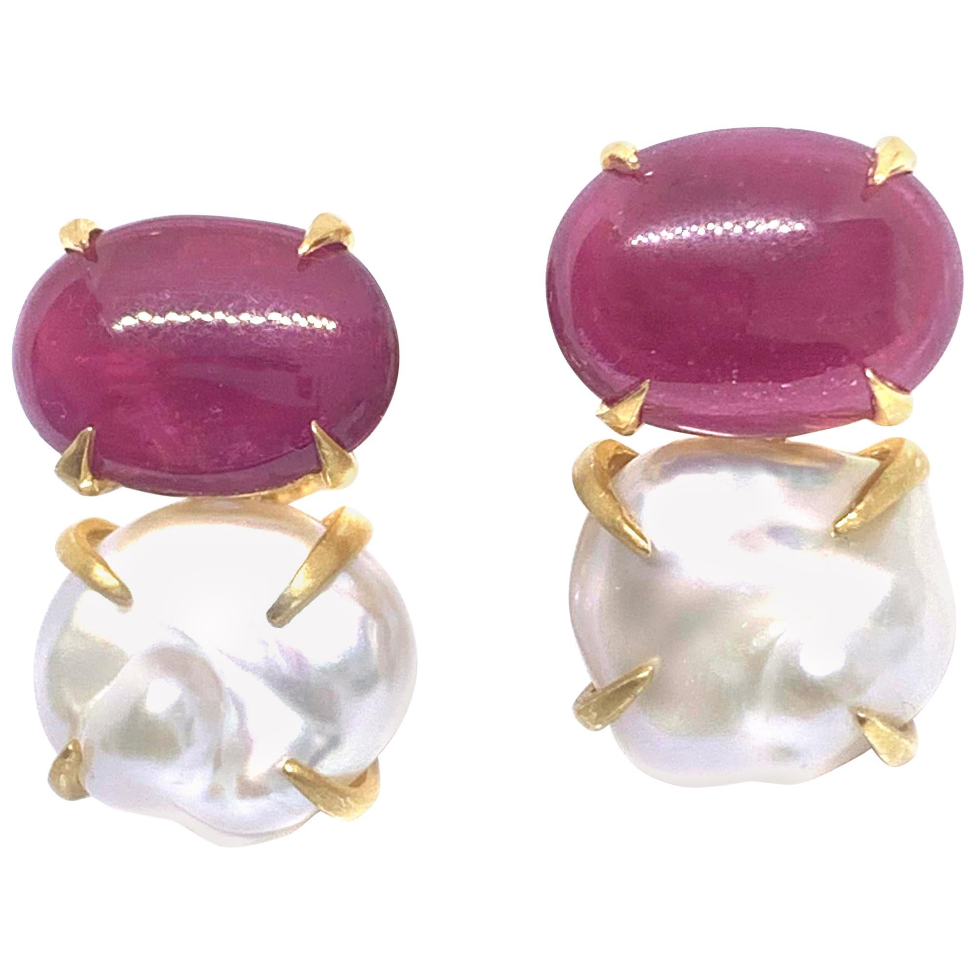 Bijoux Num Genuine Oval Ruby and Baroque Pearl Vermeil Earrings