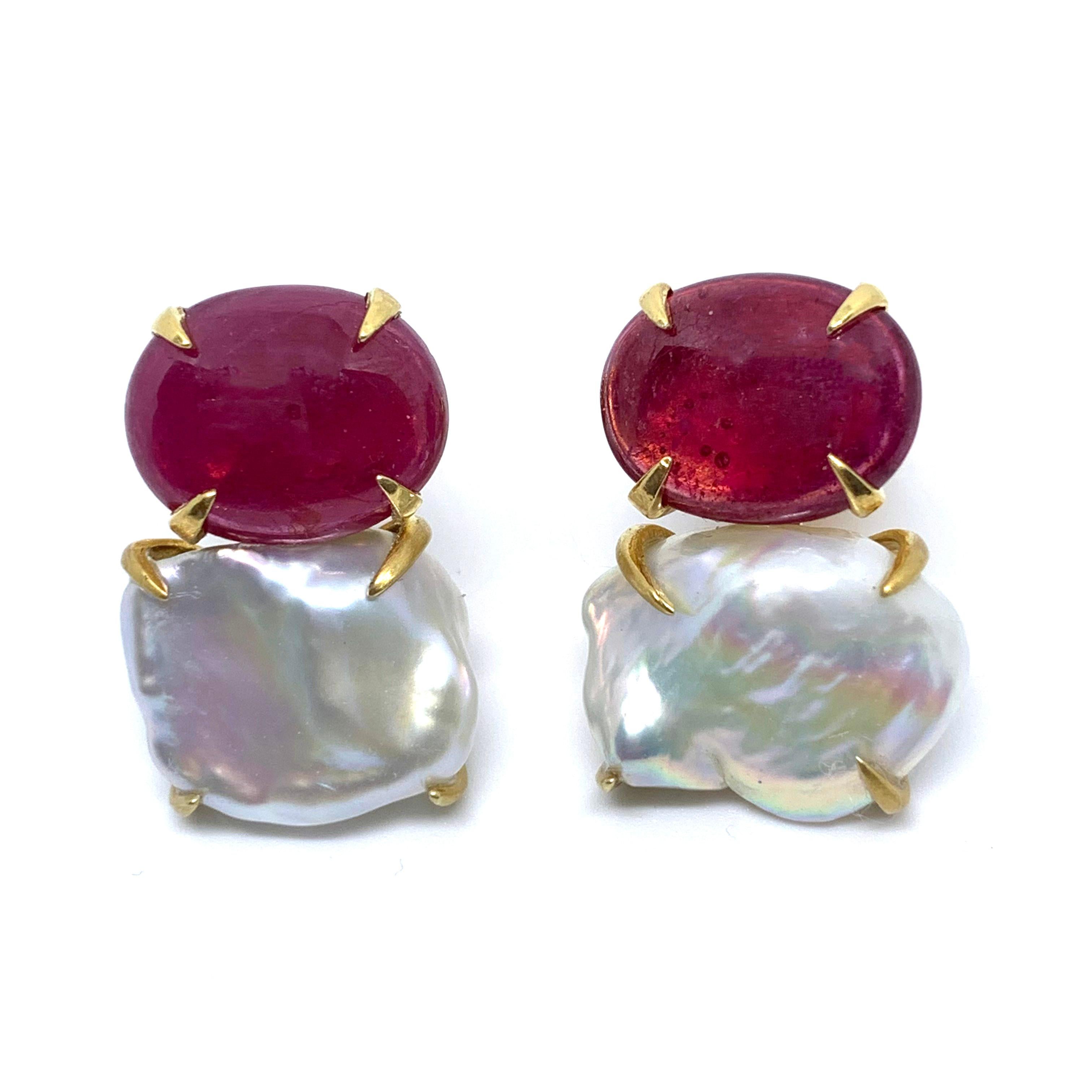Stunning Bijoux Num Genuine Oval Ruby and Keishi Pearl Vermeil Earrings. 
The earrings feature 2 beautiful oval cabochon-cut genuine ruby and 2 lustrous cultured Japanese Keishi pearl, handset in 18k gold vermeil over sterling silver and brush satin