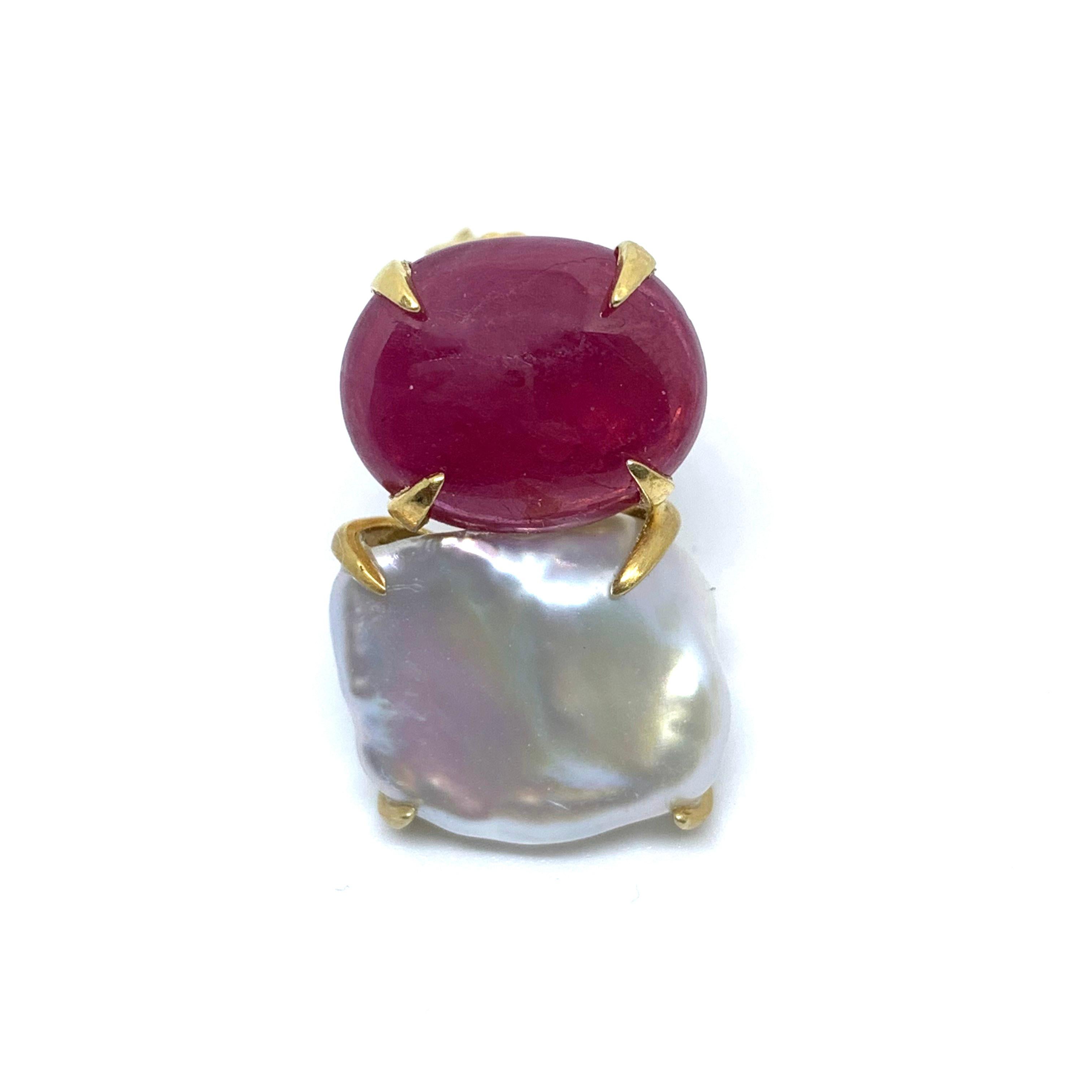 Oval Cut Bijoux Num Genuine Oval Ruby and Keishi Pearl Vermeil Earrings