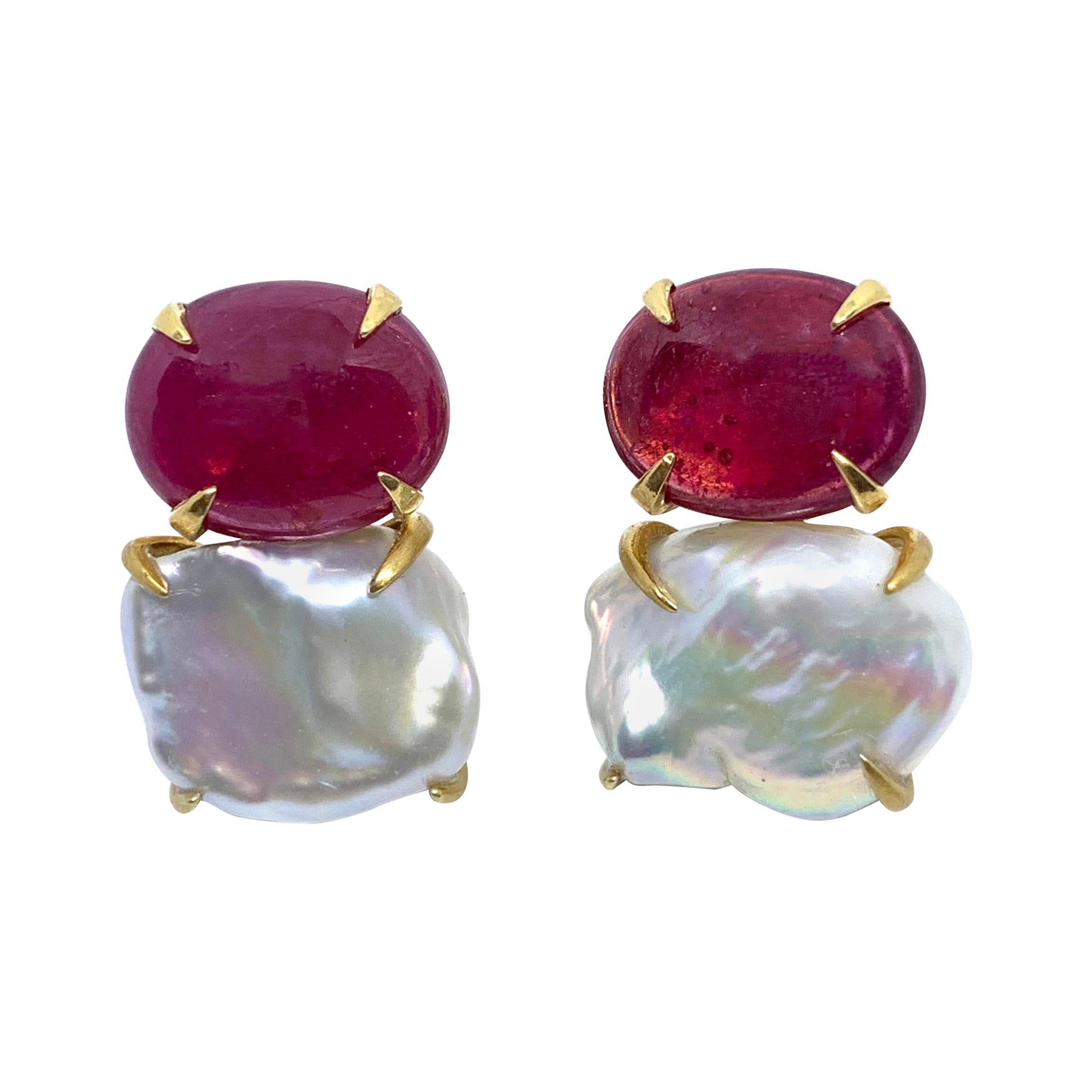 Bijoux Num Genuine Oval Ruby and Keishi Pearl Vermeil Earrings