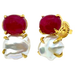 Bijoux Num Genuine Oval Ruby and Keishi Pearl Vermeil Earrings