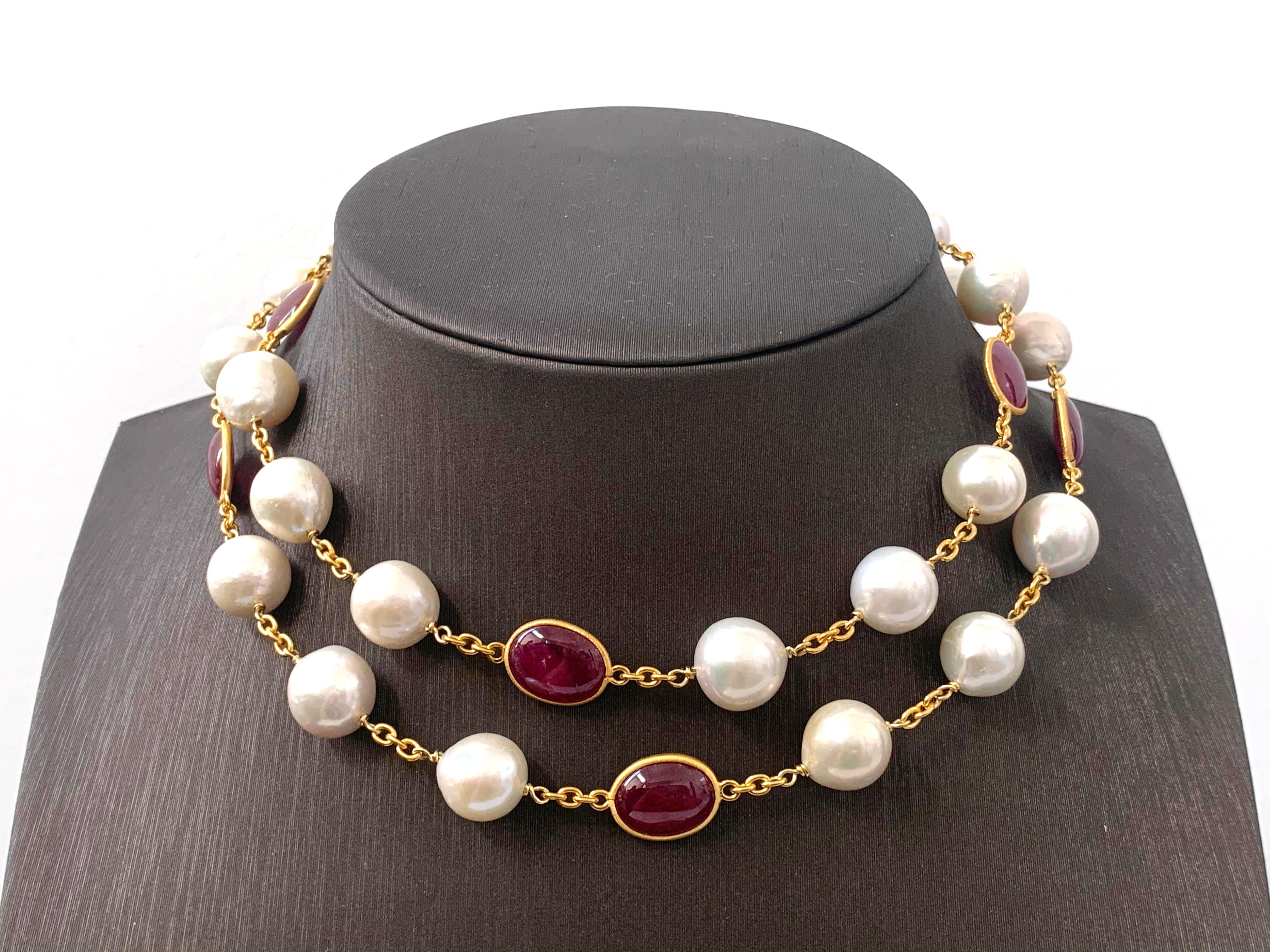 Contemporary Bijoux Num Genuine Ruby and Cultured Baroque Pearl Long Station Necklace