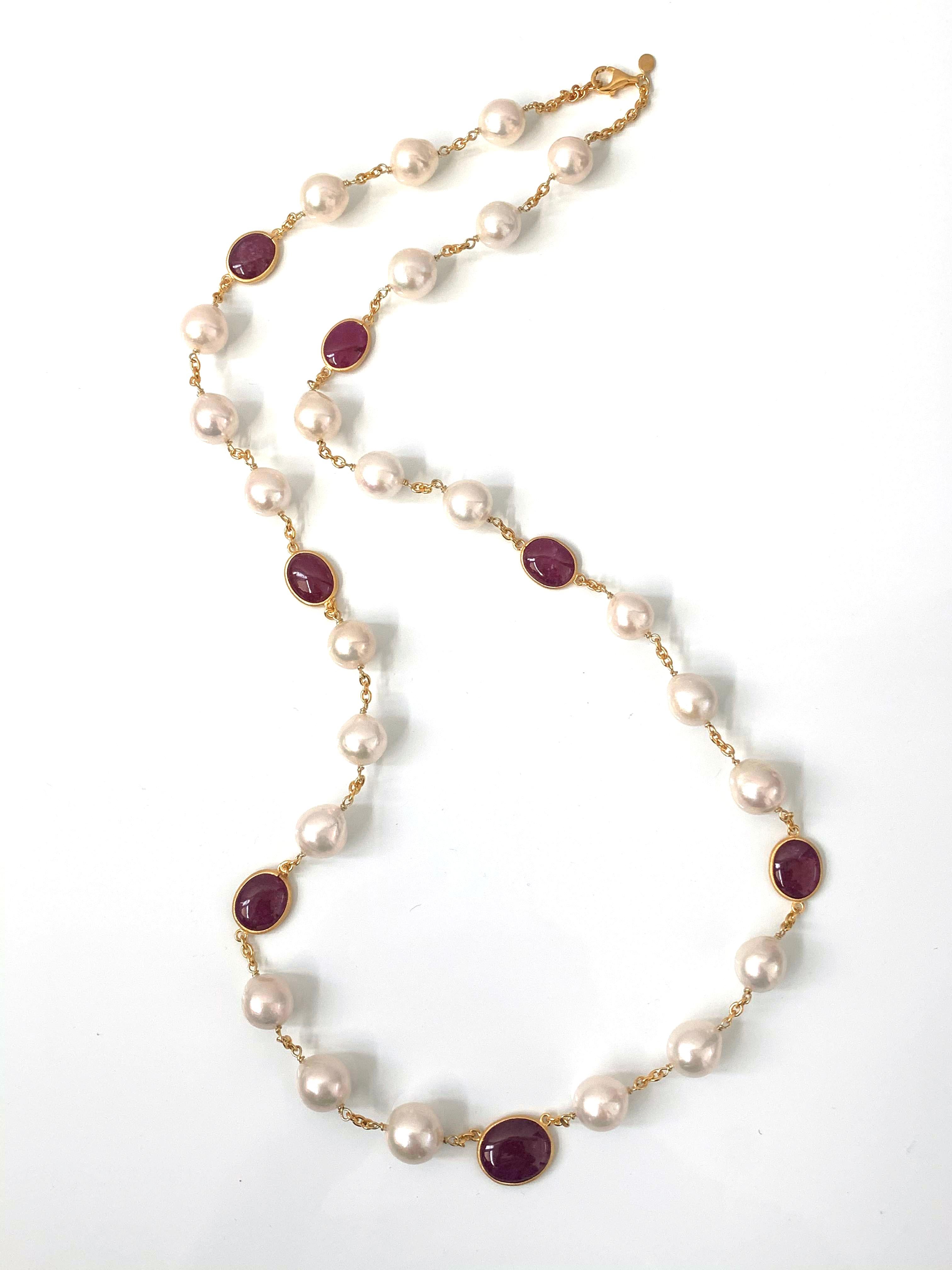 Oval Cut Bijoux Num Genuine Ruby and Cultured Baroque Pearl Long Station Necklace