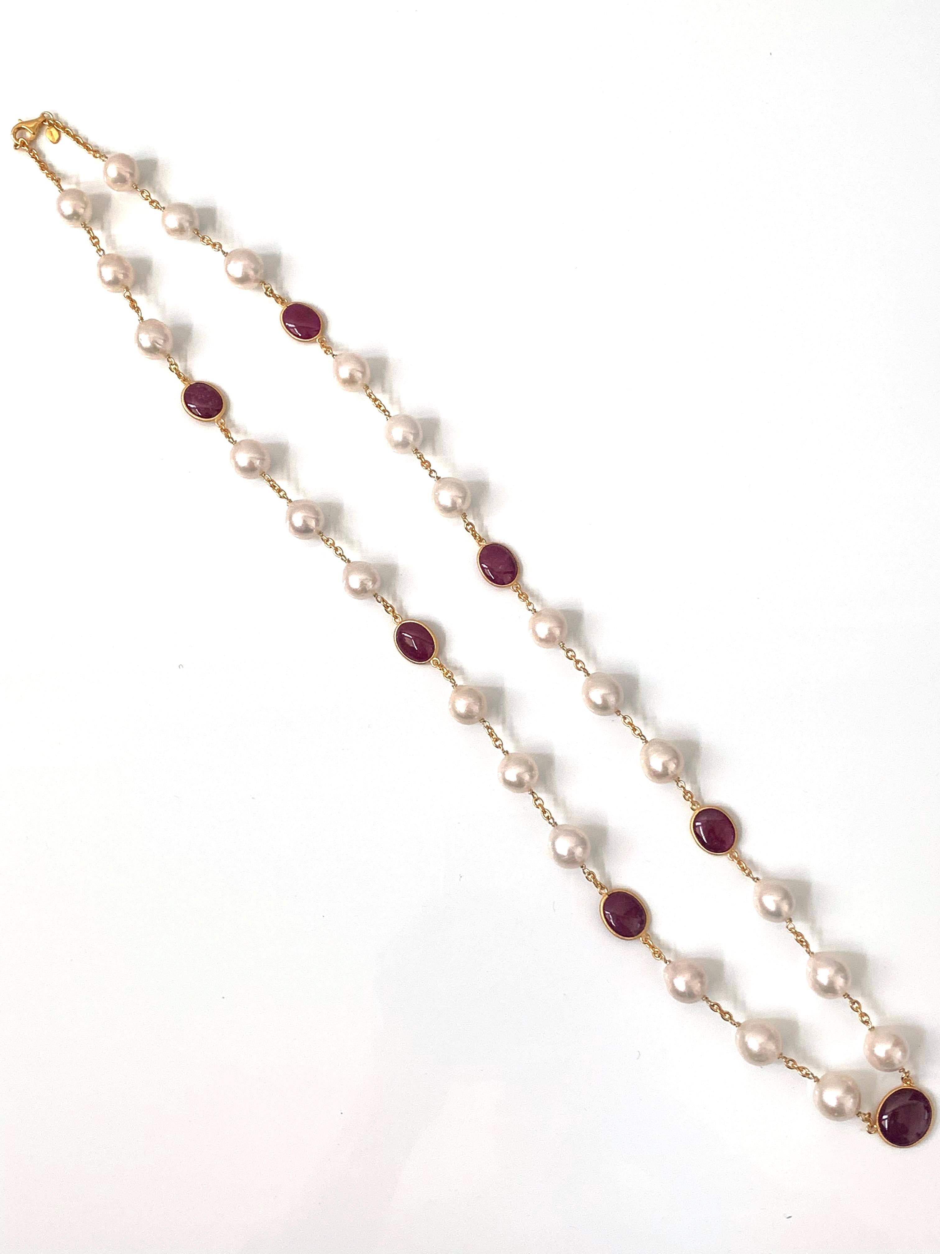 Bijoux Num Genuine Ruby and Cultured Baroque Pearl Long Station Necklace In New Condition In Los Angeles, CA