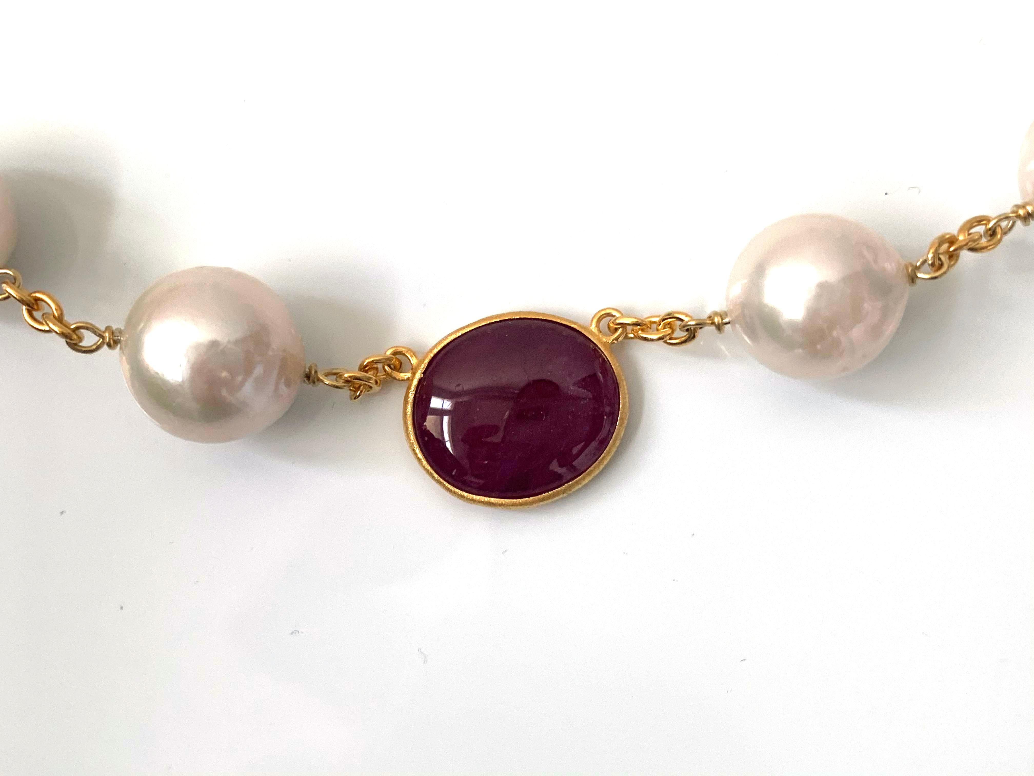 Women's Bijoux Num Genuine Ruby and Cultured Baroque Pearl Long Station Necklace