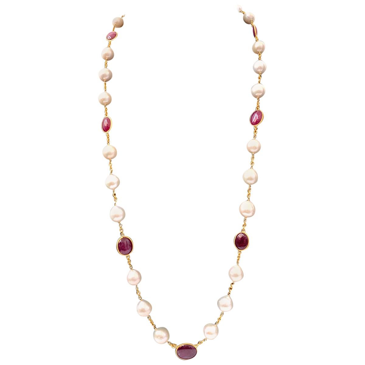 Bijoux Num Genuine Ruby and Cultured Baroque Pearl Long Station Necklace