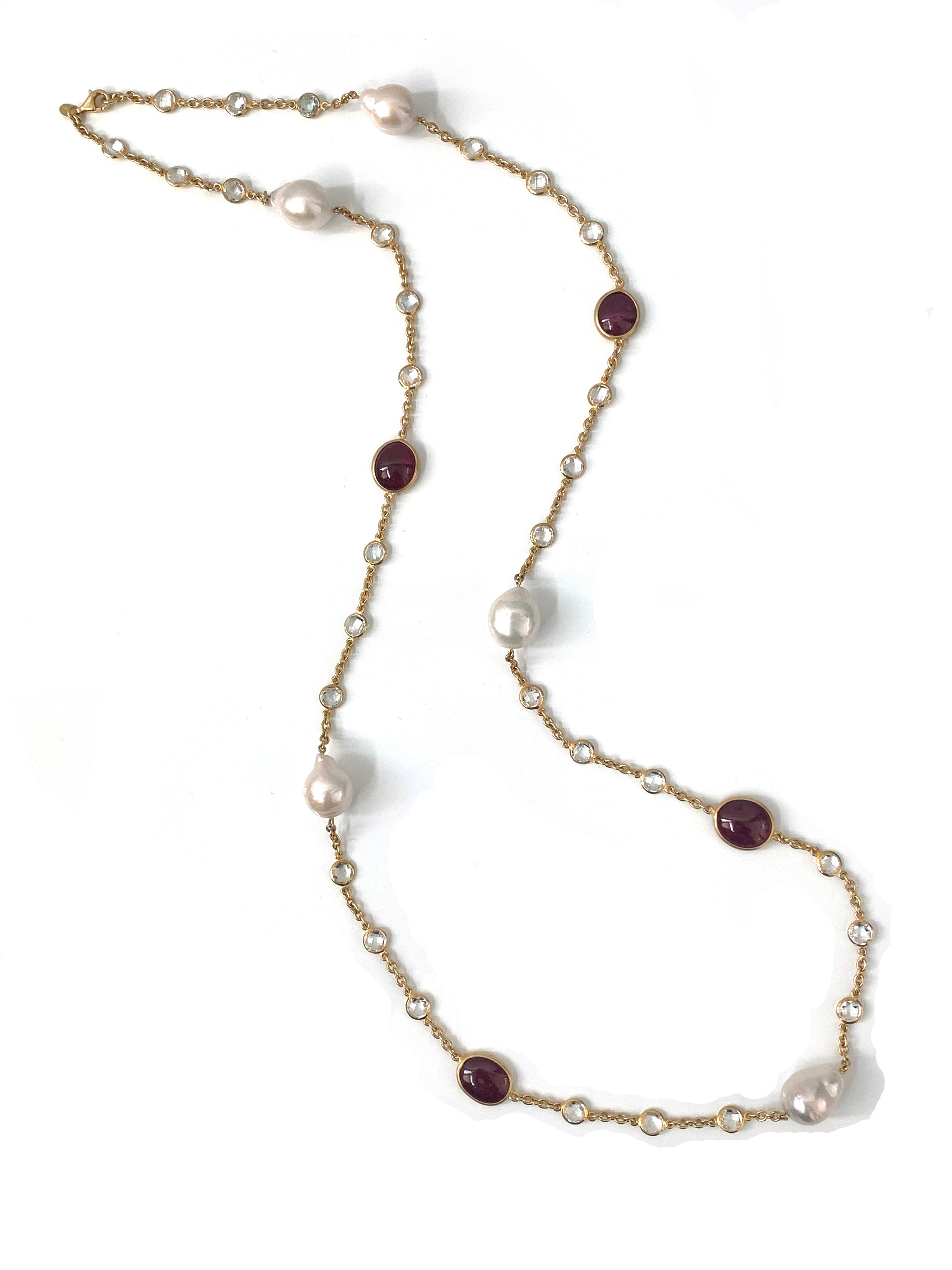 Bijoux Num Collier à longue chaîne en rubis véritable, perles de culture et topaze blanche Neuf - En vente à Los Angeles, CA
