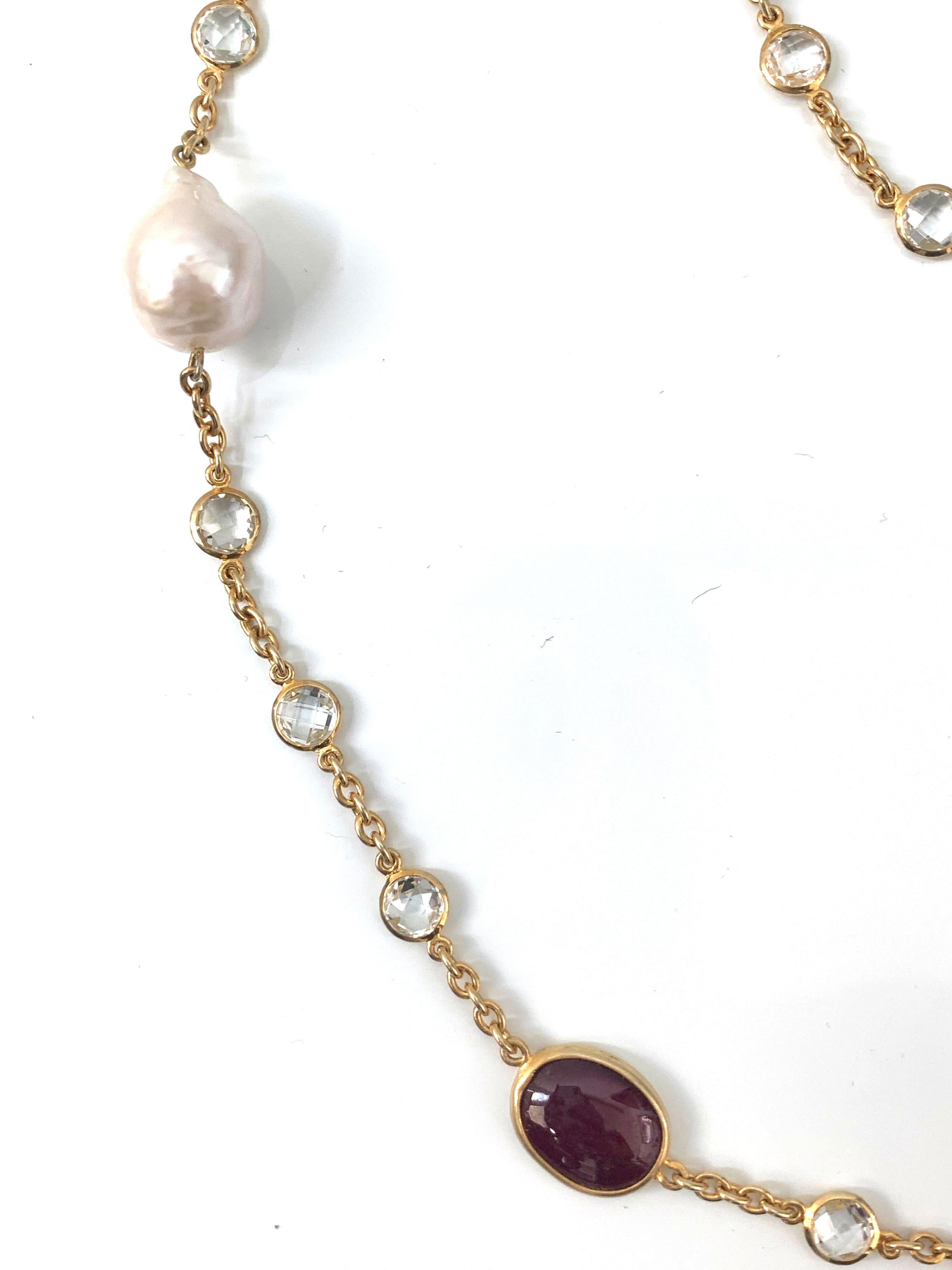 Contemporary Bijoux Num Genuine Ruby, Cultured Pearl, White Topaz Long Station Necklace For Sale