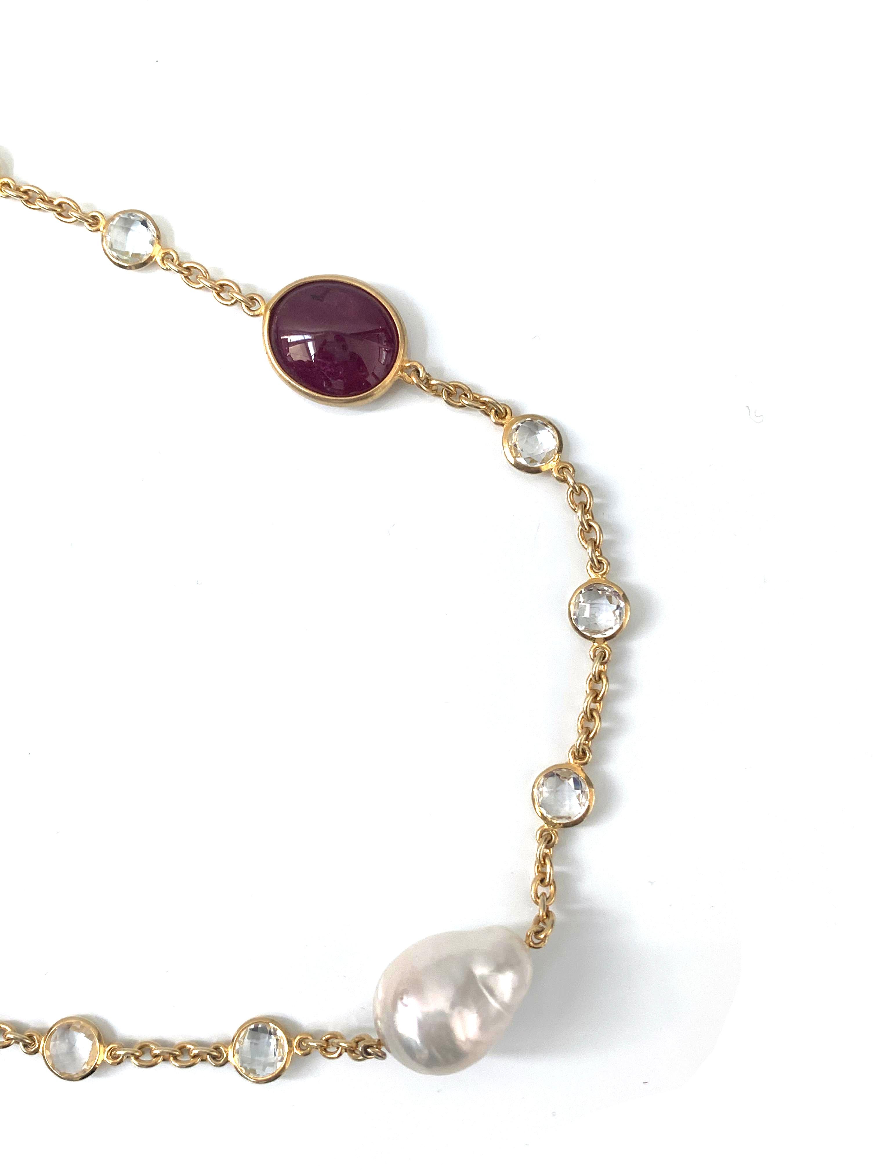Oval Cut Bijoux Num Genuine Ruby, Cultured Pearl, White Topaz Long Station Necklace For Sale