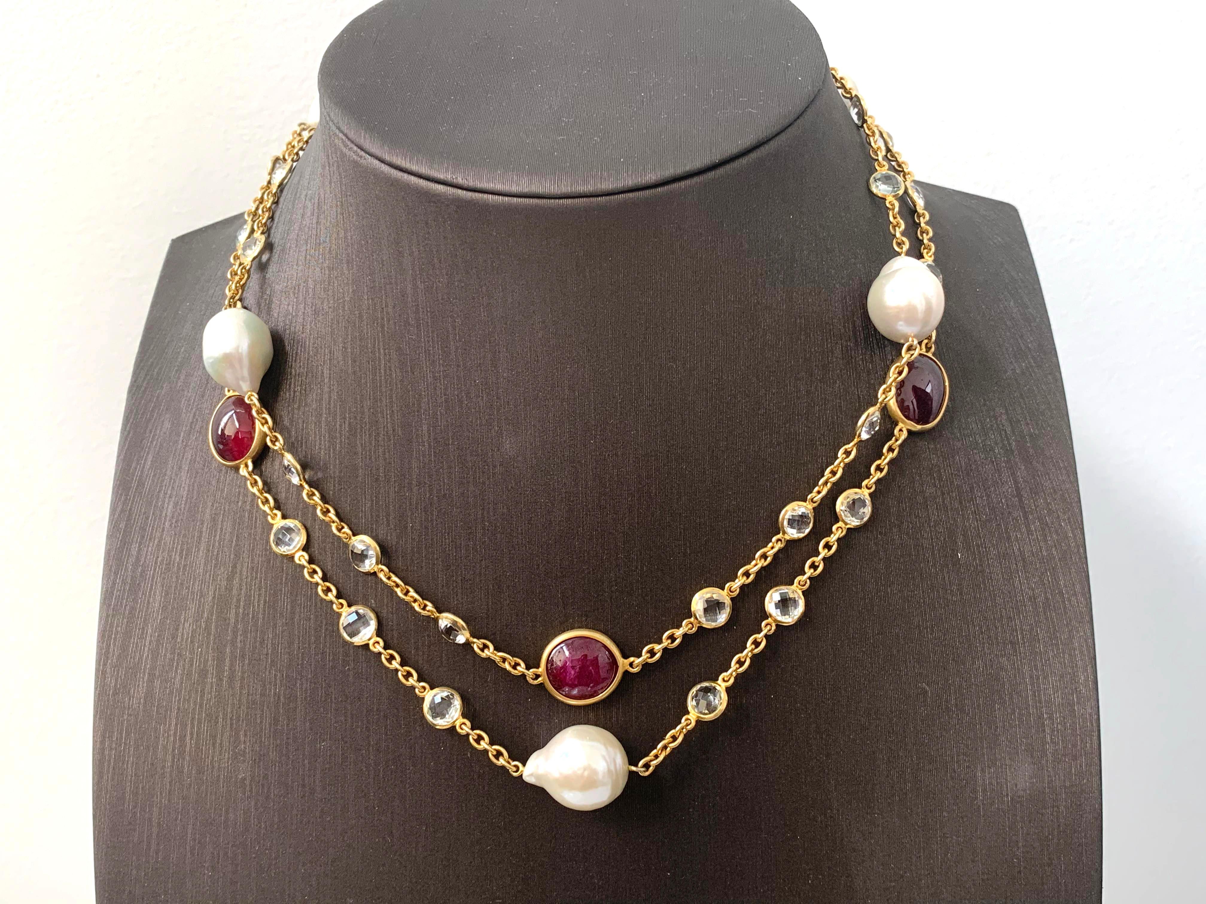 Bijoux Num Collier à longue chaîne en rubis véritable, perles de culture et topaze blanche en vente 3