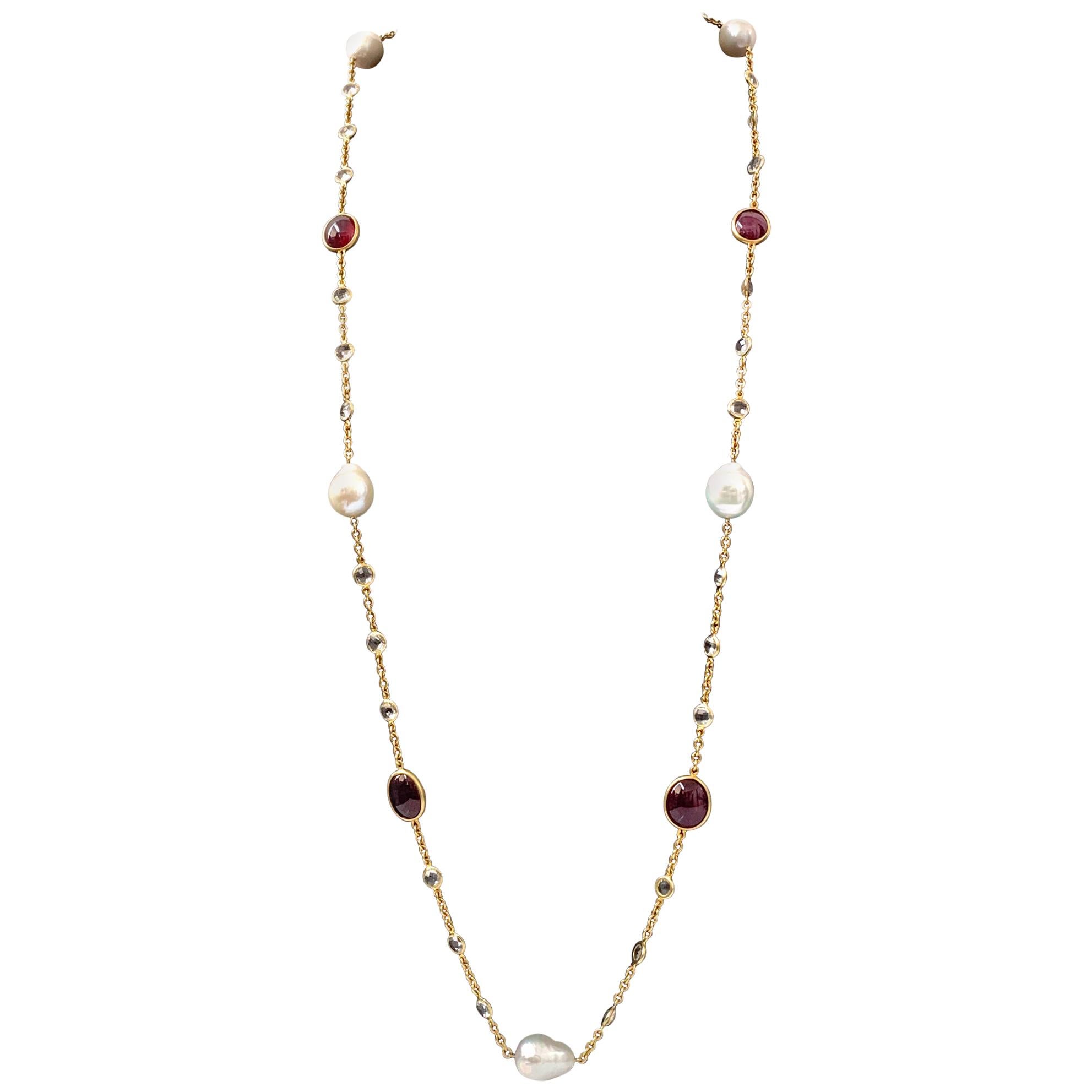 Bijoux Num Collier à longue chaîne en rubis véritable, perles de culture et topaze blanche