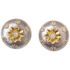 Hand-engraved Flower Pattern Round Button Clip-on Sterling Silver Earrings