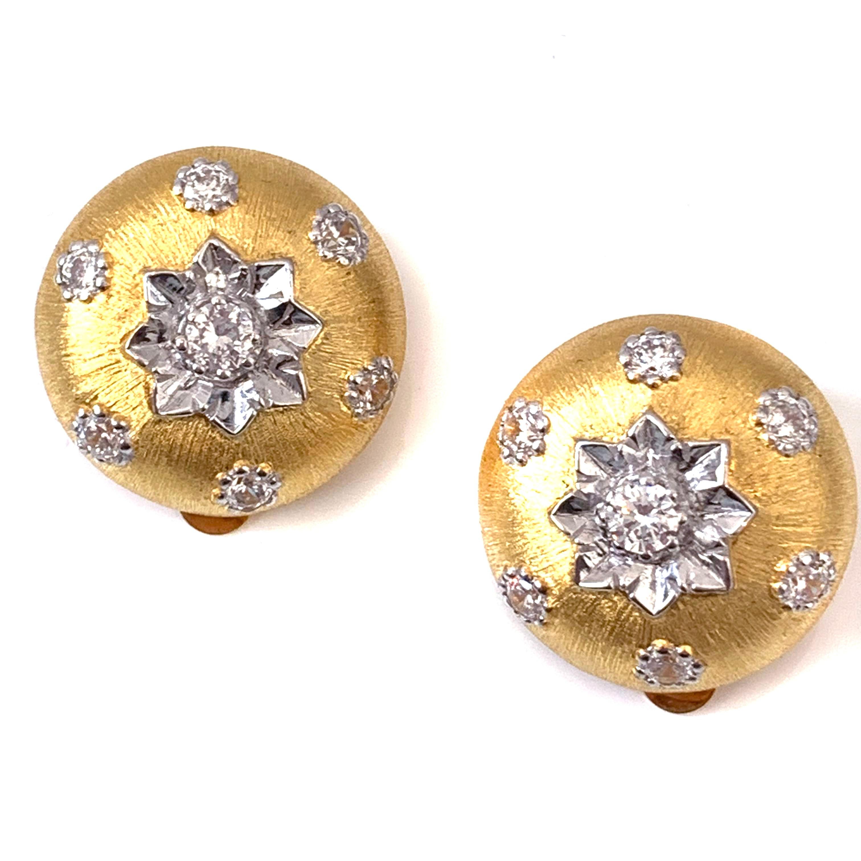 Stunning Hand-engraved Flower Pattern Round Clip-on Earrings.

These elegant button earrings feature top quality round simulated diamonds handset in 18k yellow gold vermeil over sterling silver, handmade engraved flowers in center, and handcrafted