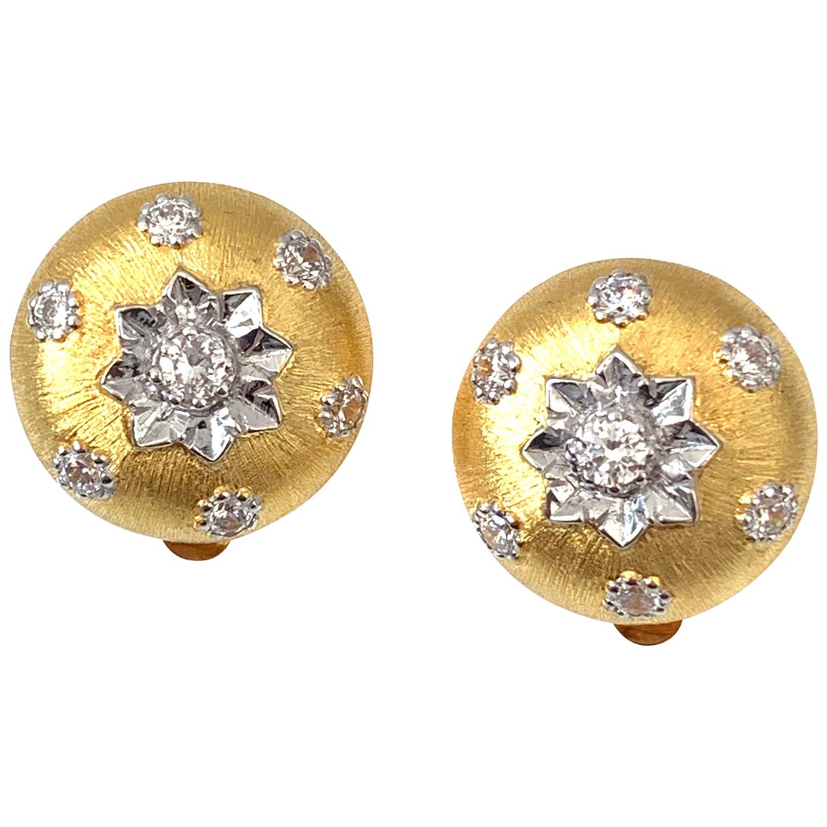 Hand-engraved Flower Pattern Round Button Clip-on Vermeil Earrings