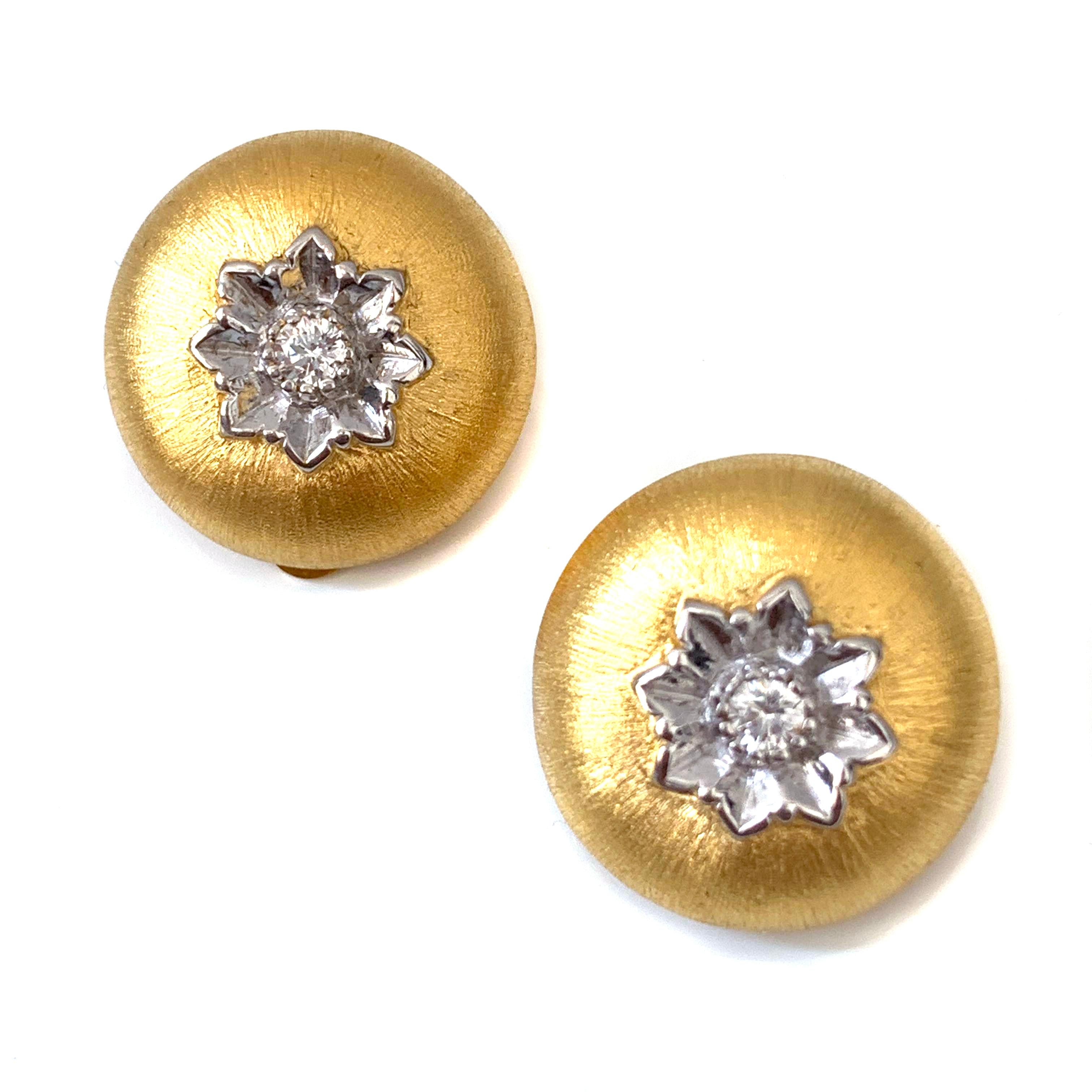 Stunning Hand-engraved Flower Round Clip-on Earrings handset with Faux Diamond Cubic Zirconia.  The earrings feature hand-engraved flower, along with handcrafted Italian Rigato etching technique. 18k gold vermeil with platinum rhodium two tone