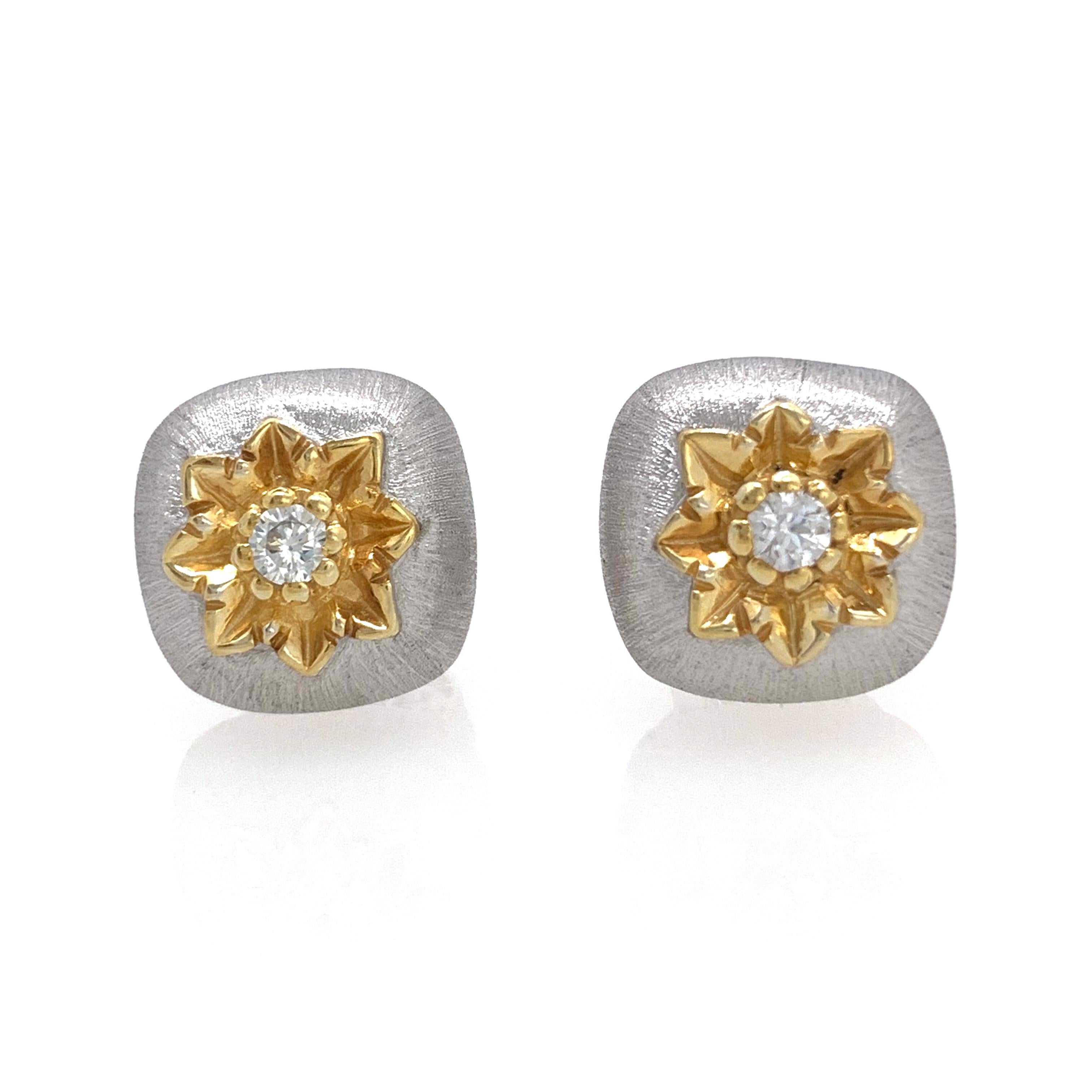 Stunning hand-engraved flower cushion stud earrings handset with faux diamond cubic zirconia.  The earrings feature hand-engraved flower, along with handcrafted Italian Rigato etching technique. Platinum rhodium and 18k gold two tone plated sterling