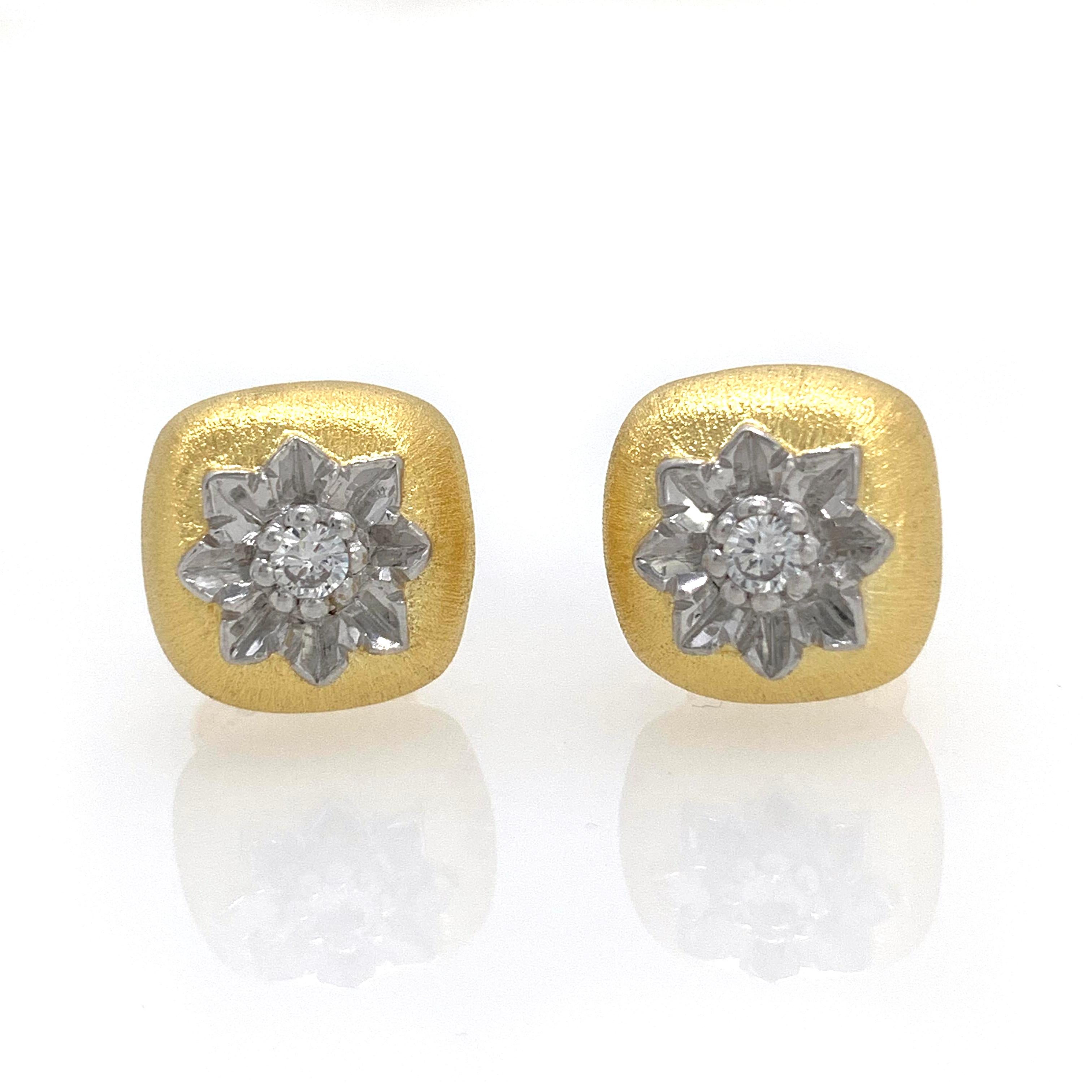 Stunning hand-engraved flower cushion stud earrings handset with simulated diamond.  The earrings feature hand-engraved flower, along with handcrafted Italian Rigato etching technique. Two-tone 18k gold vermeil and platinum rhodium plated sterling