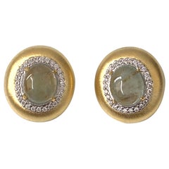 Vintage Bijoux Num Hand-engraved Oval Cabochon Beryl Clip-on Earrings