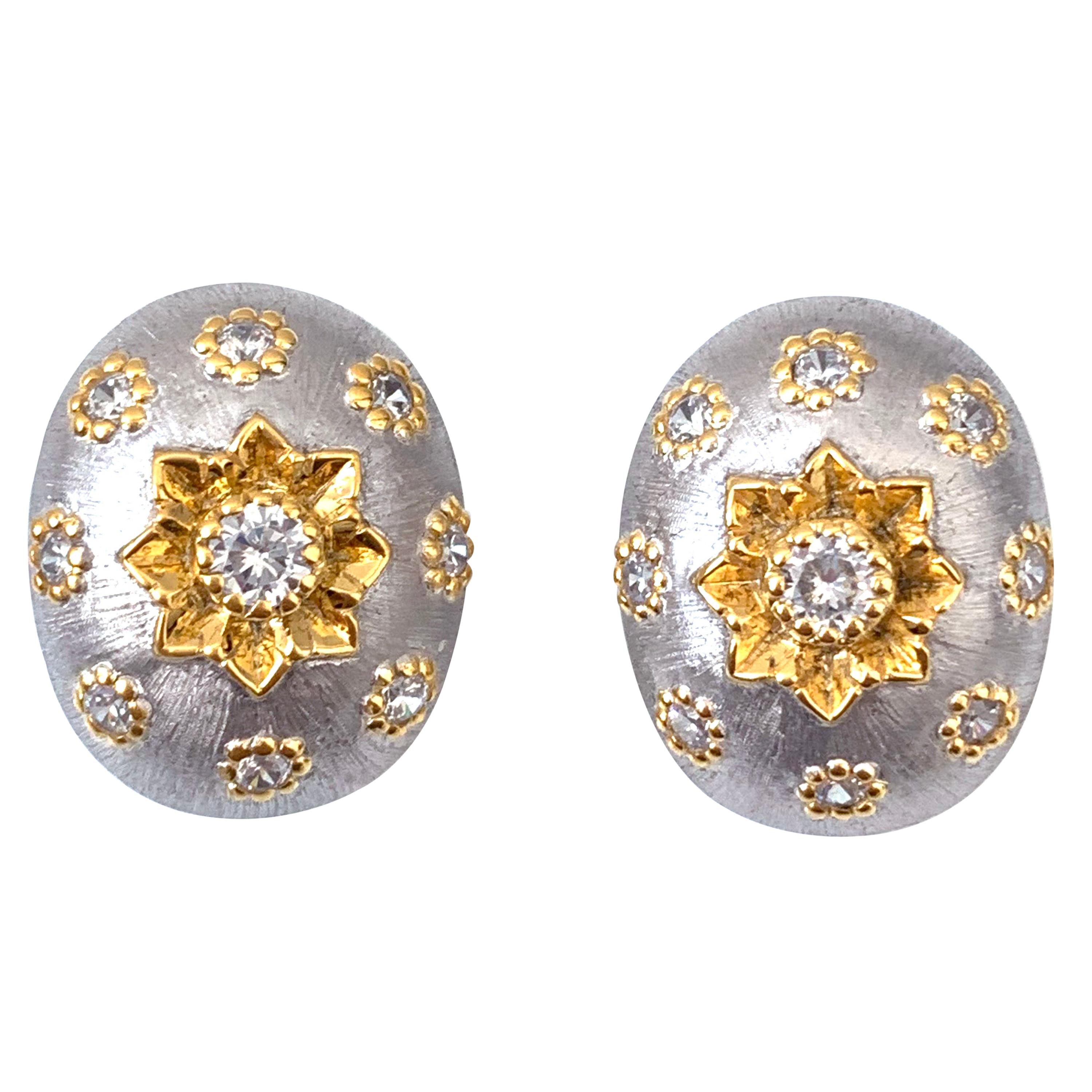 Two-tone Sterling Silver Hand-engraved Flower Oval Clip-on Earrings