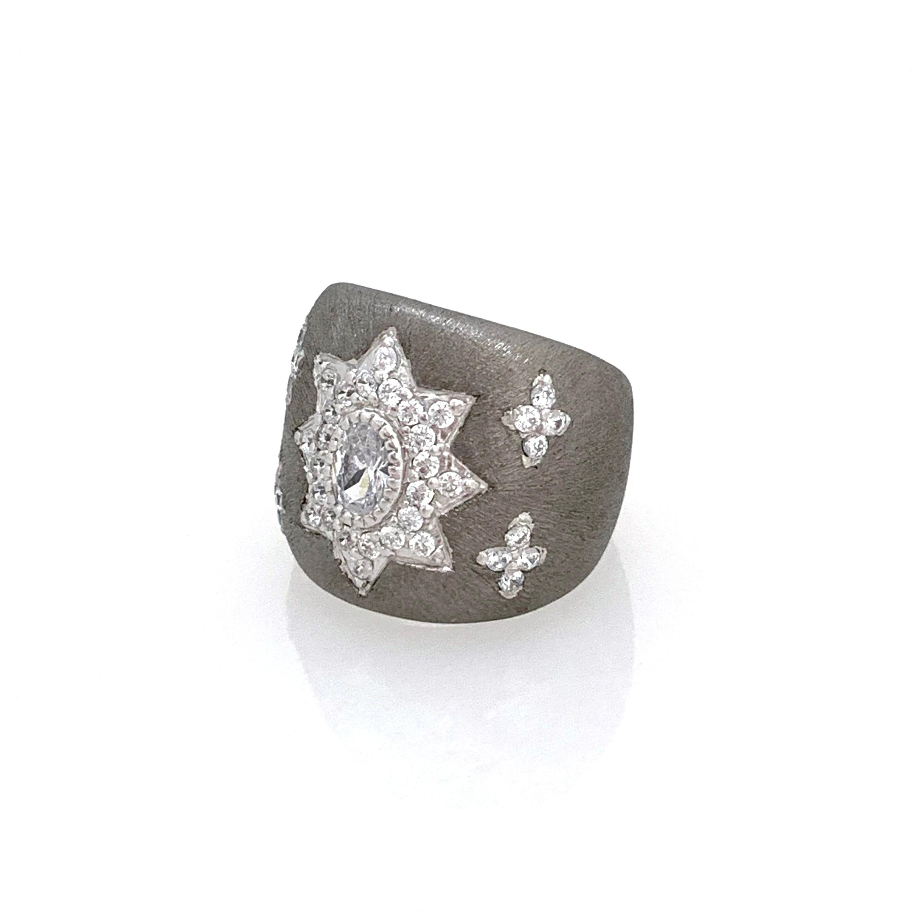 Contemporary Bijoux Num Hand-engraved Star Pattern Black Rhodium Bombe Ring
