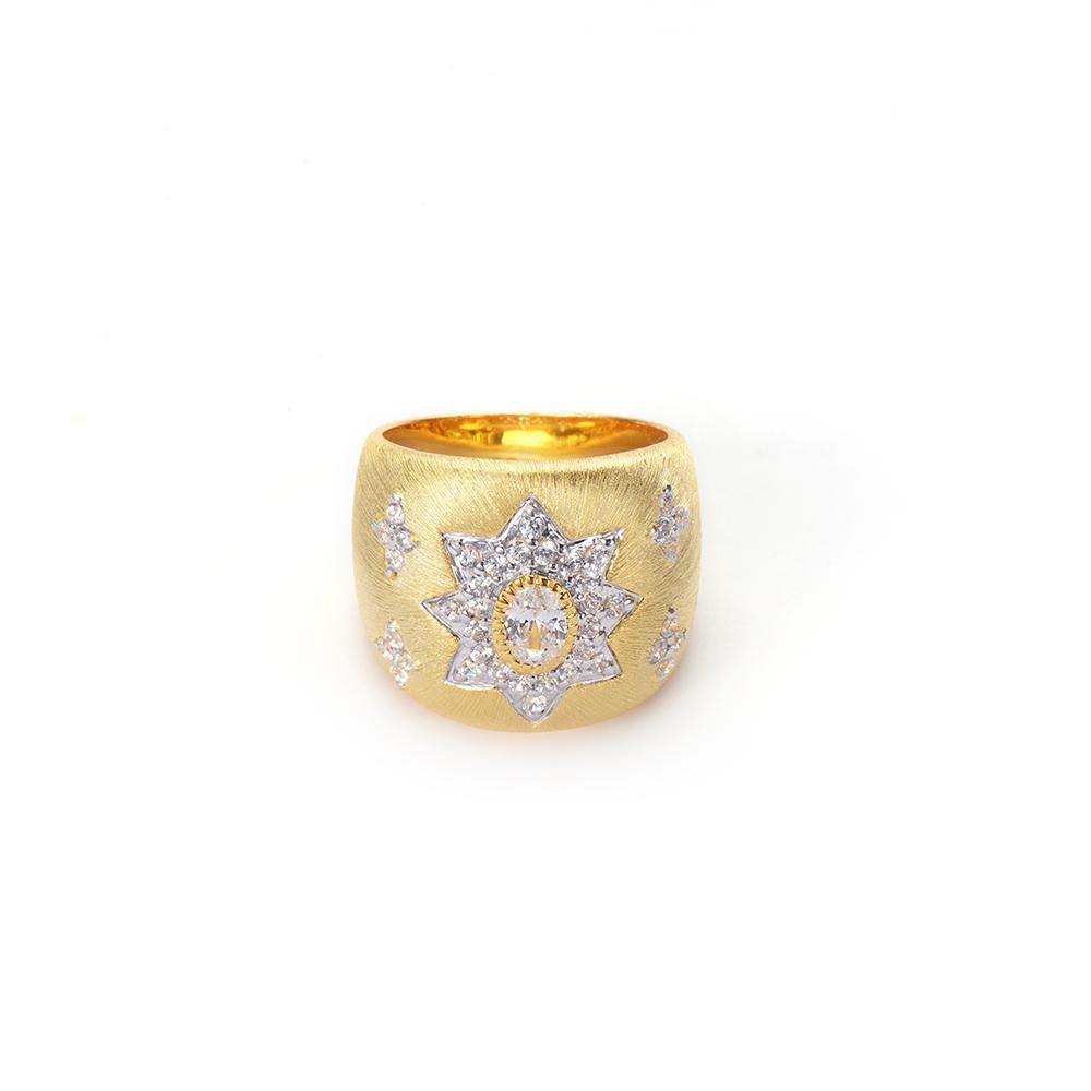 Bijoux Num Hand-engraved Star Pattern Vermeil Bombe Ring

This beautiful bombe ring features 41 pcs of top quality oval and round faux diamond cubic zirconia,  handset in 18k yellow gold vermeil sterling silver, and handcrafted Italian 