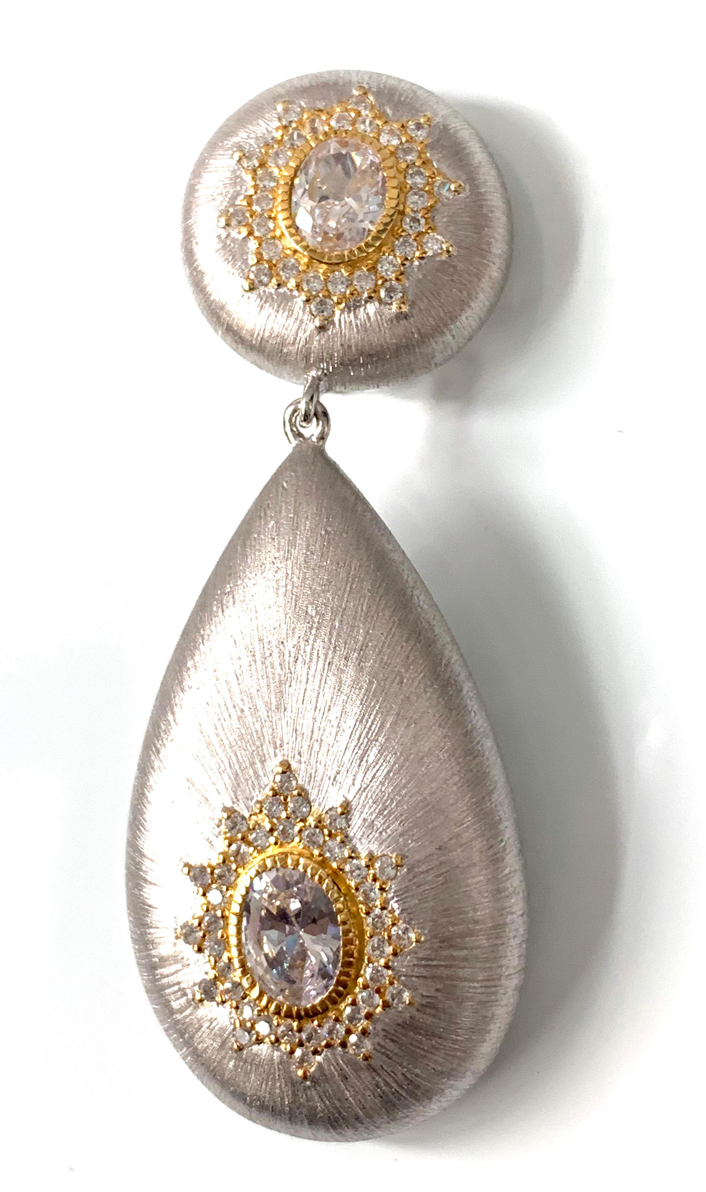 Bijoux Num Hand-engraved Sterling Silver CZ Large Teardrop Clip-on Earrings In New Condition In Los Angeles, CA