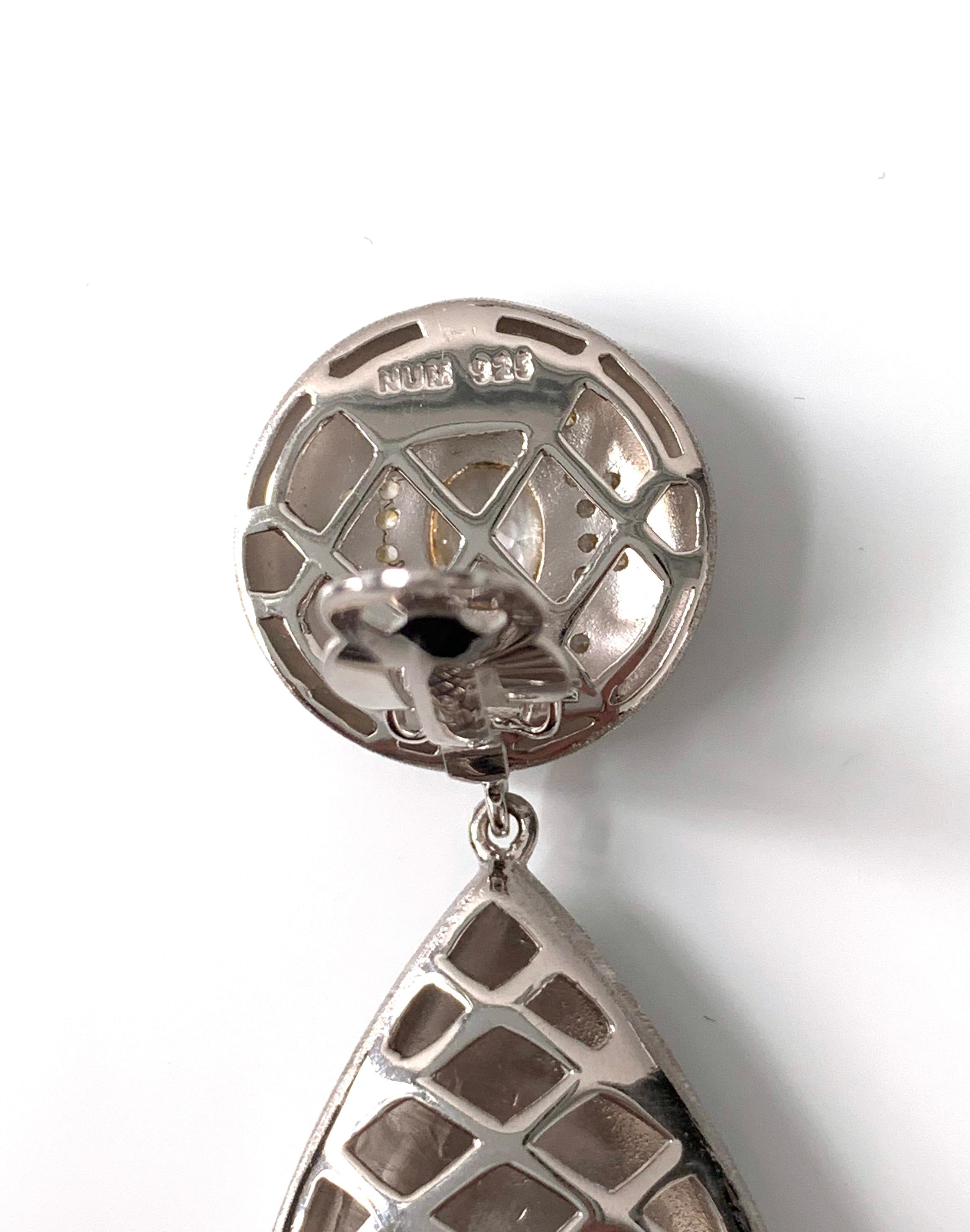 Bijoux Num Hand-engraved Sterling Silver CZ Large Teardrop Clip-on Earrings 1