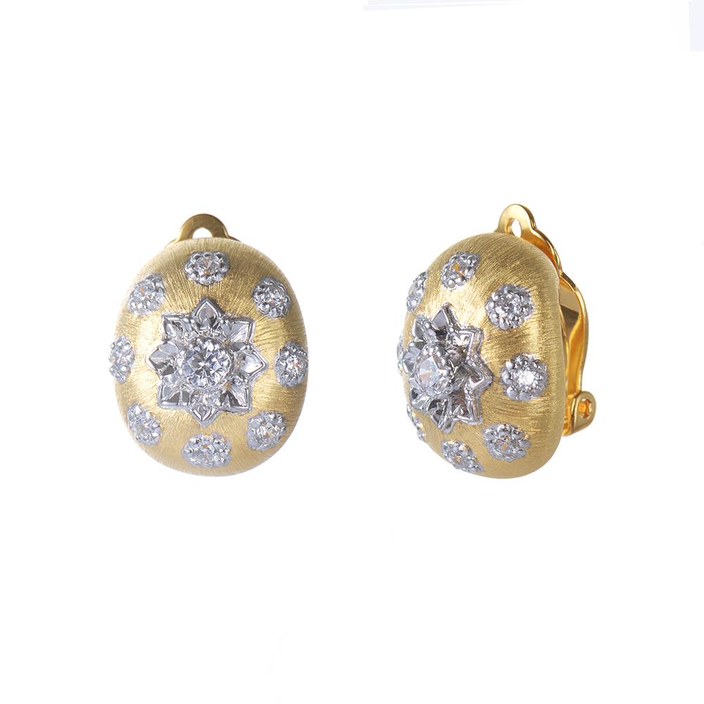 Stunning Hand-engraved Gilded Oval Shape Clip-on Earrings handset with Cubic Zirconia. Large clip back (very comfortable). 18k Gold and White Gold two tone plating over sterling silver. Marked: 925.
1.25