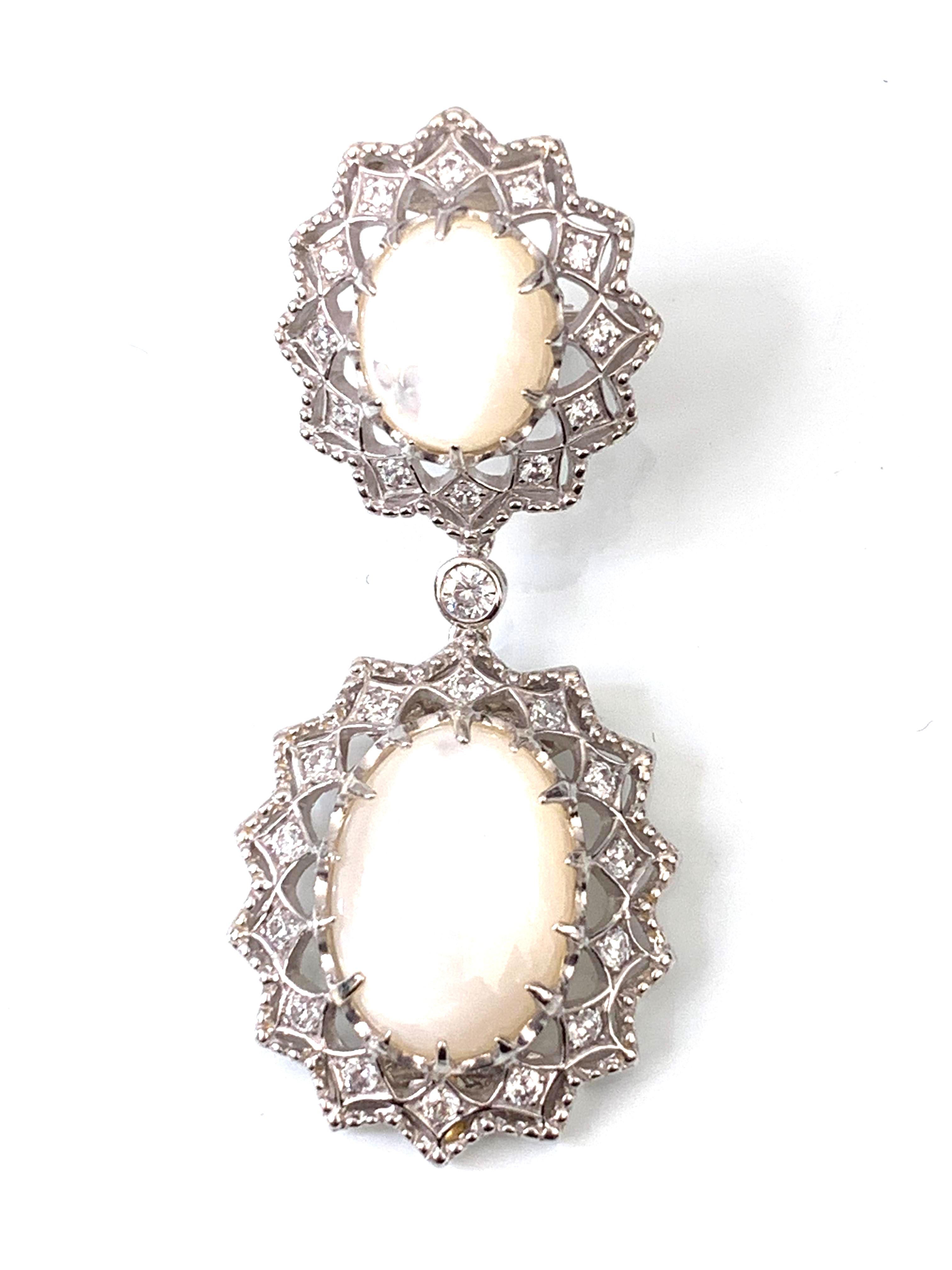 Bijoux Num Large Mother of Pearl &  CZ Sterling Silver Drop Earrings In New Condition In Los Angeles, CA