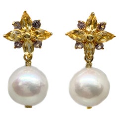Bijoux Num Maquis Citrine Flower and Culture Pearl Drop Vermeil Earrings