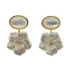 Bijoux Num Med Oval Mother of Pearl Carved Mother of Pearl Flower Drop Earrings