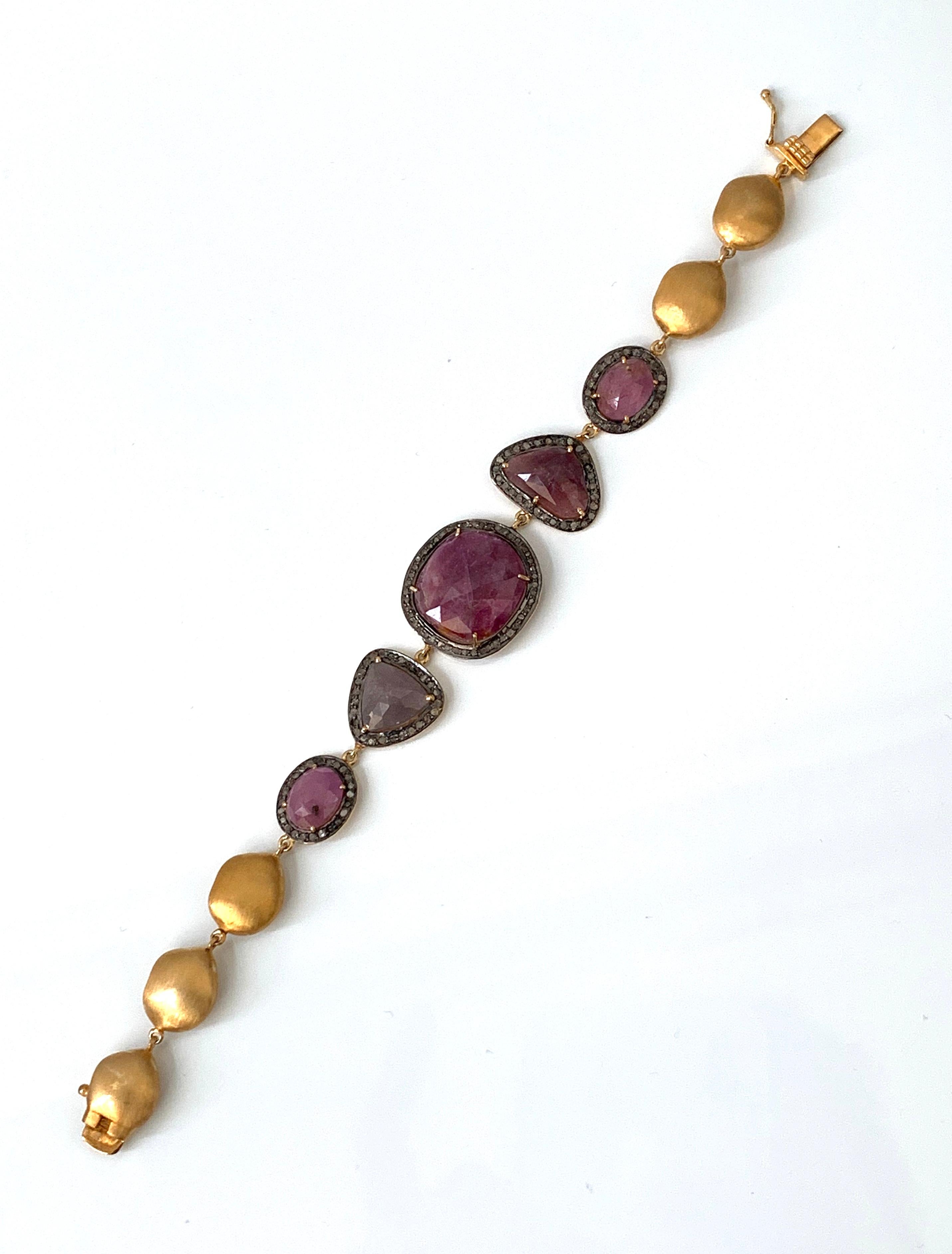 Beautiful One of a Kind Natural Unheated Corundum with Rough Diamond Link Bracelet. The corundums are all natural and unheated in color of pale ruby and pale sapphire, adorned with rough diamond, and link with 18k gold plated silver nugget in brush