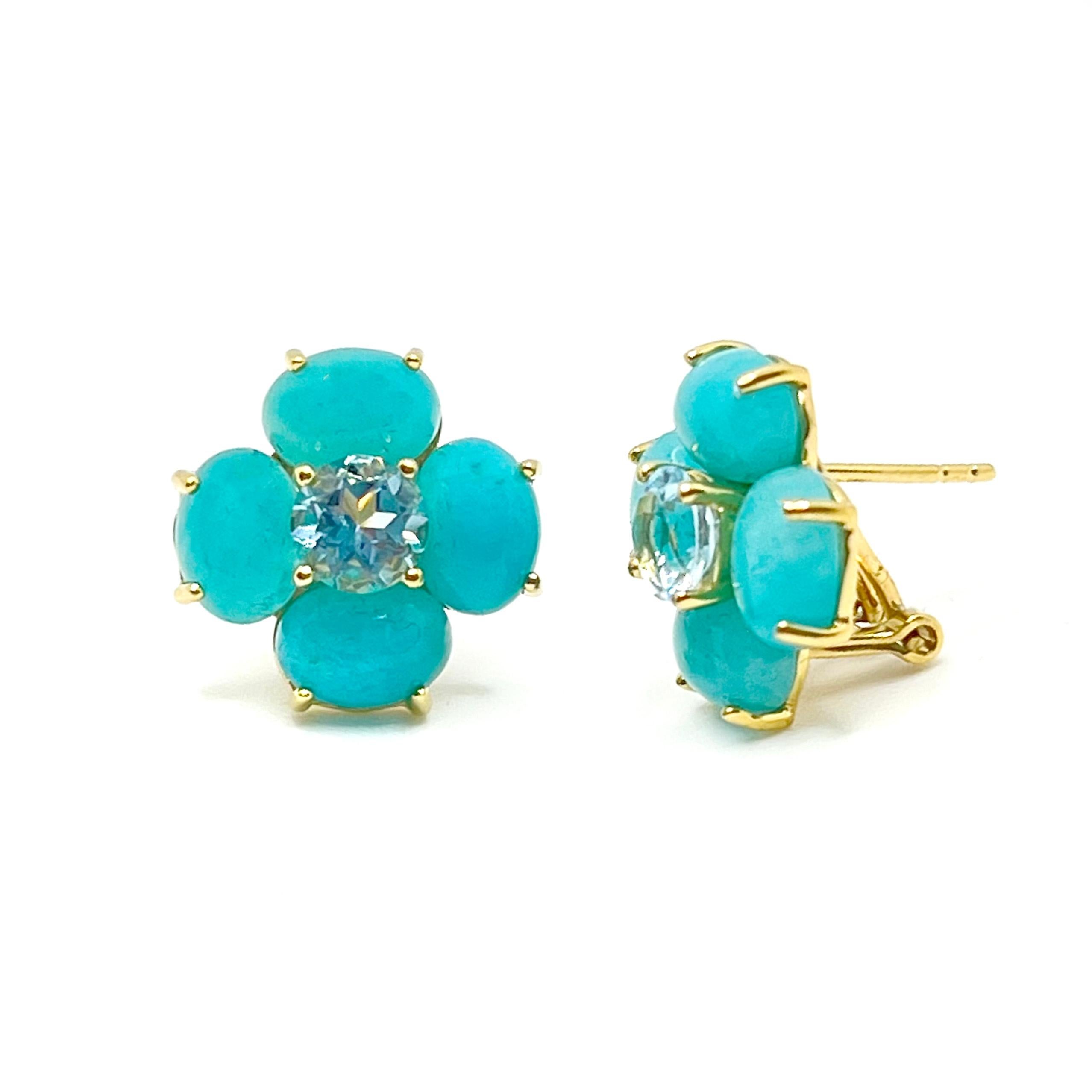 These stunning pair of earrings feature sets of oval cabochon-cut amazonite and round sky blue topaz, handset in 18k yellow gold vermeil over sterling silver. The amazonite offer rich blue-green hue with unique beautiful color almost like candy.