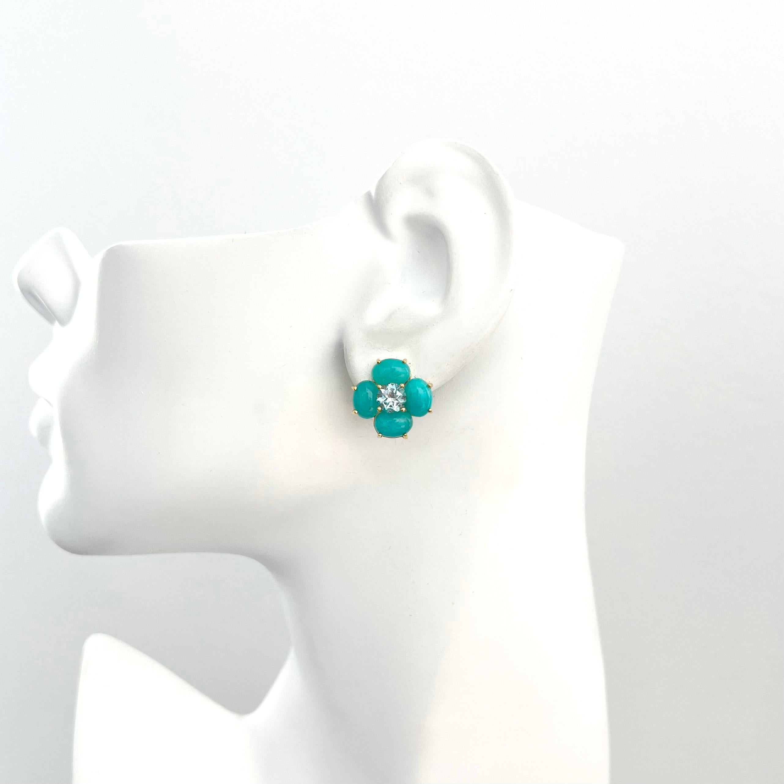 Bijoux Num Oval Amazonite and Blue Topaz Flower  Earrings In New Condition For Sale In Los Angeles, CA