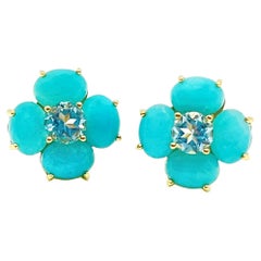 Bijoux Num Oval Amazonite and Blue Topaz Flower  Earrings
