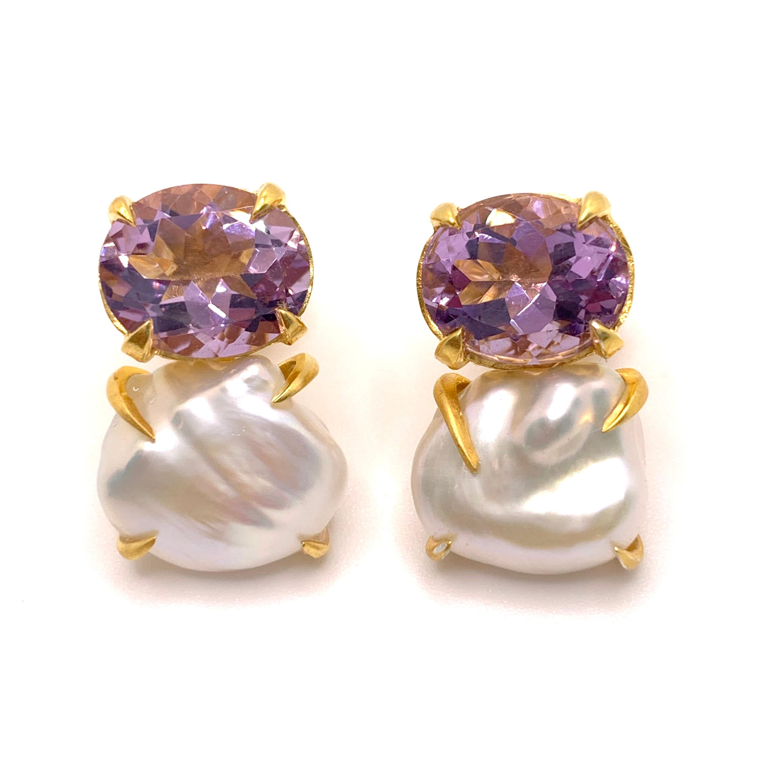 Bijoux Num Oval Amethyst and Keishi Pearl Vermeil Earrings. 
The stunning pair of earrings feature beautiful genuine oval Amethyst and lustrous cultured Japanese Keishi pearl, handset in 18k gold vermeil over sterling silver and brush satin finish. 