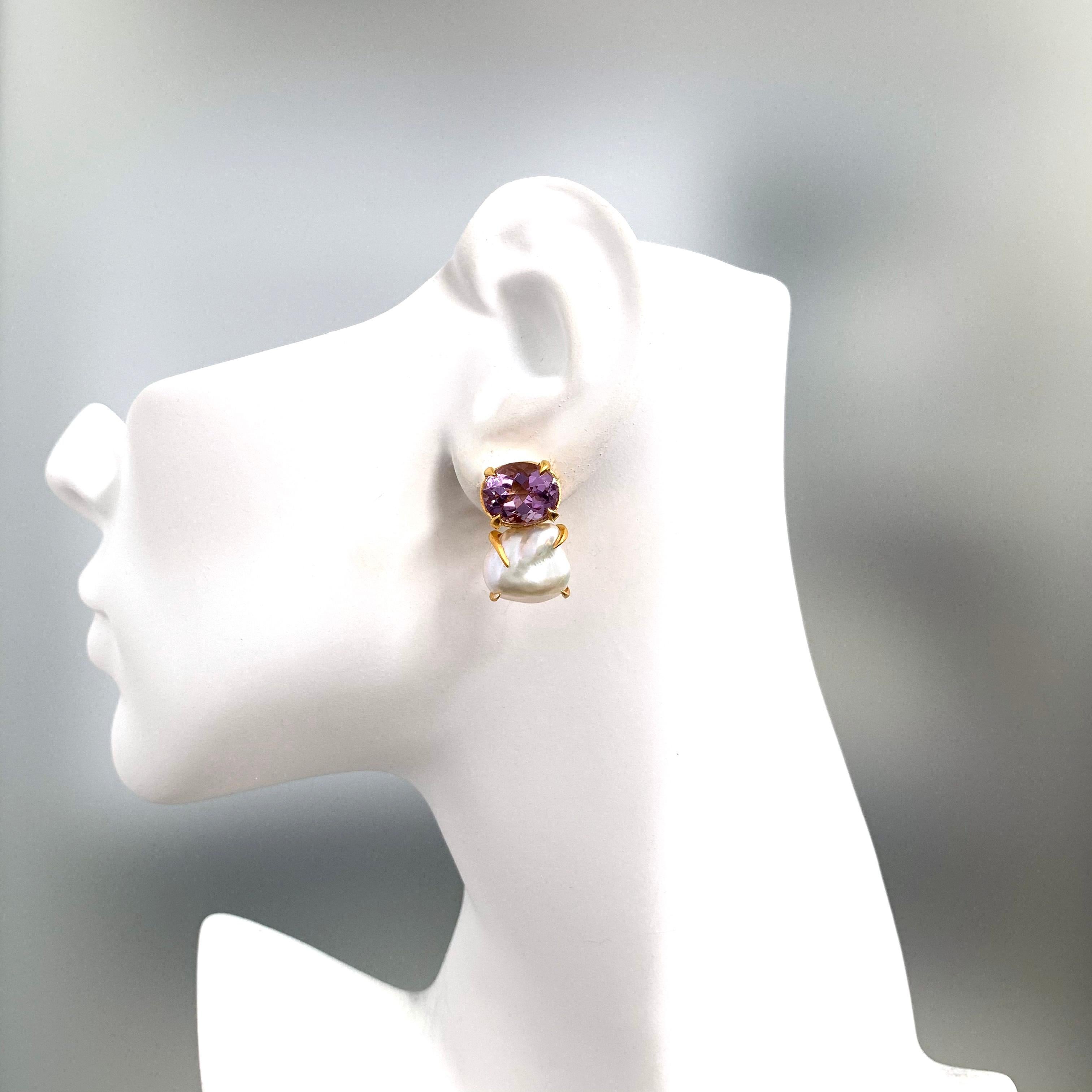 Contemporary Bijoux Num Oval Amethyst and Keishi Pearl Vermeil Earrings